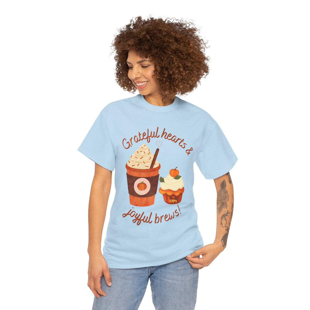 Happy Thanksgiving- Grateful Hearts & Joyful Brews Tee, Unisex Cotton Shirt, Coffee Lovers Gift, Casual Wear, Cute Tee for Celebrations, Fall Fashion