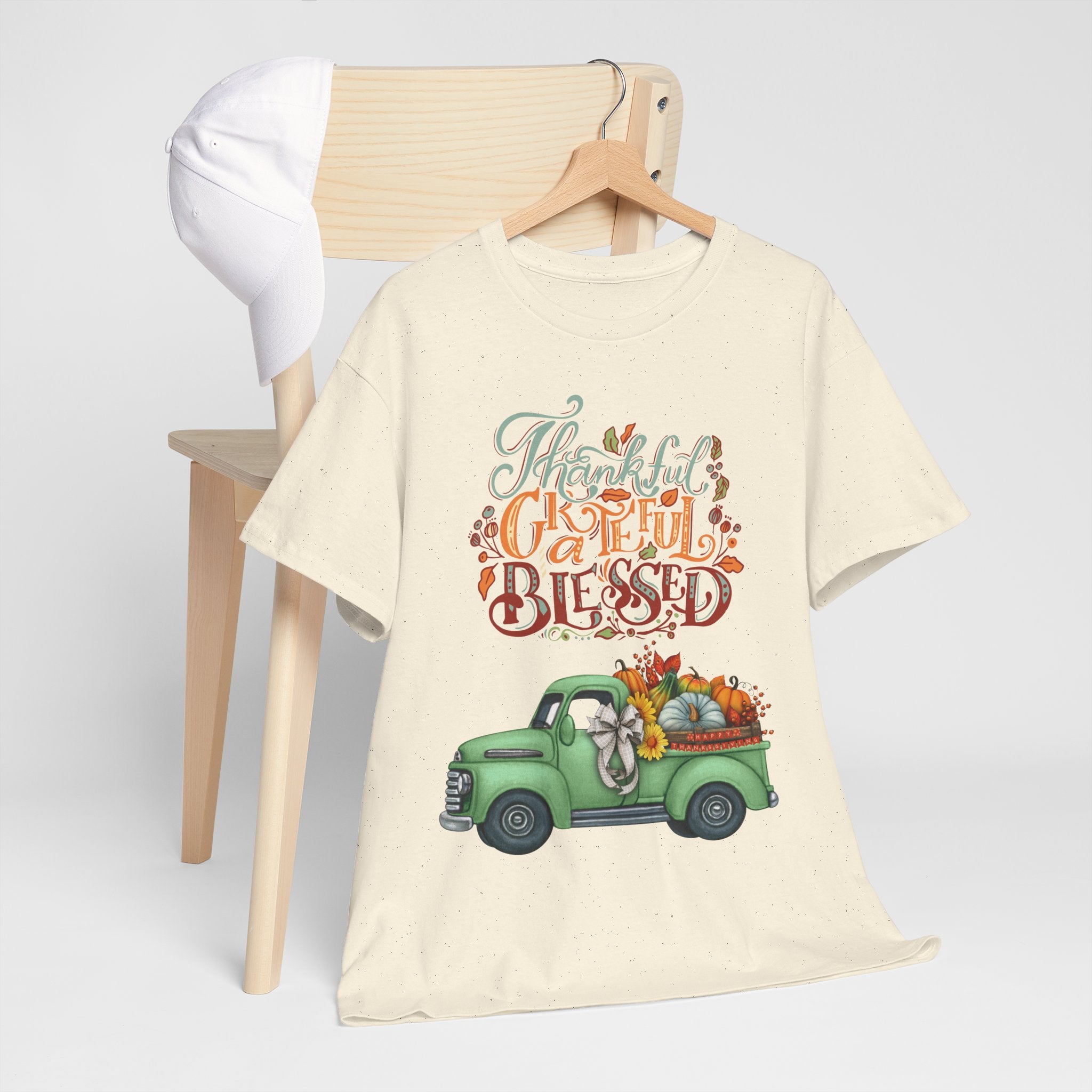 Thankful Grateful Blessed Tee, Unisex Heavy Cotton T-Shirt, Fall Apparel, Thanksgiving Shirt, Casual Wear, Gift for Friends