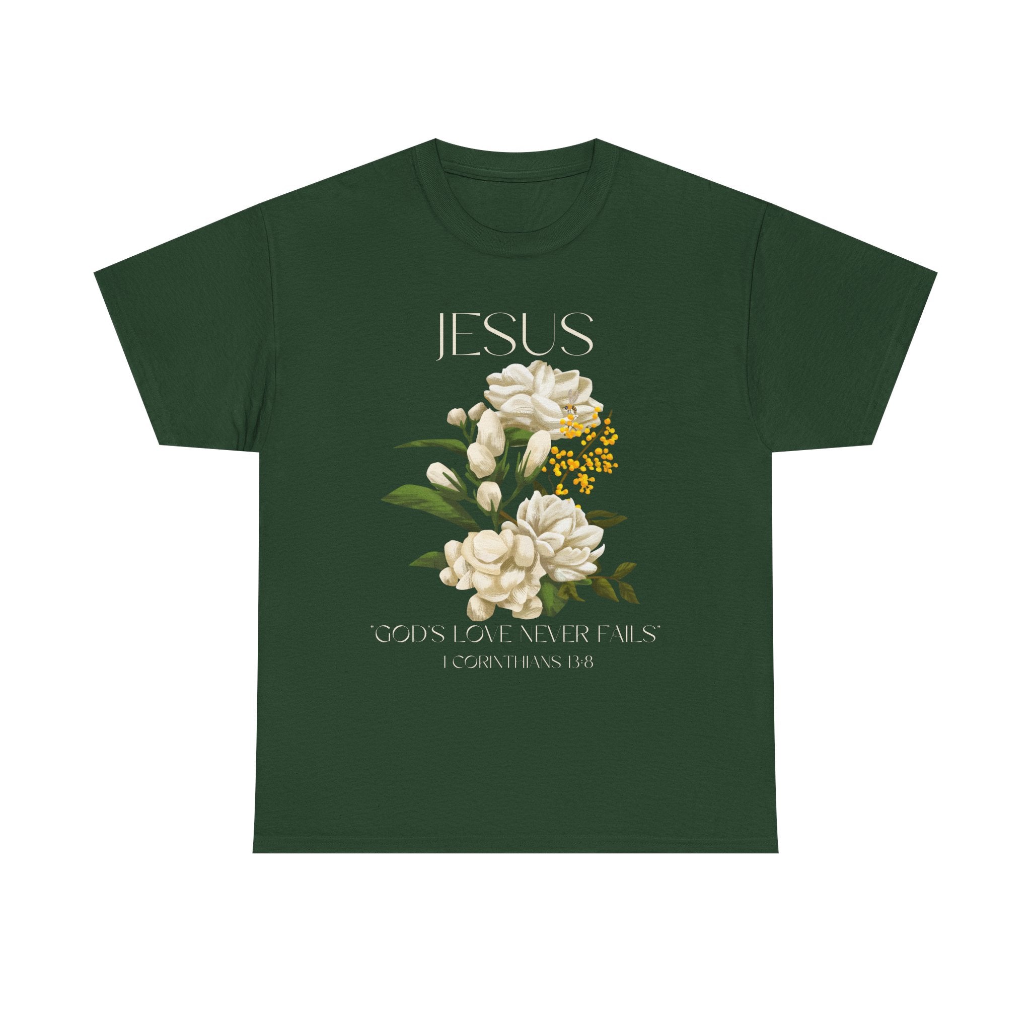 Floral Jesus-God's love never fails- Graphic Tee | Unisex Cotton T-Shirt for Faith & Inspiration, Ideal for Gifts, Casual Wear, Church Events, and Celebrations