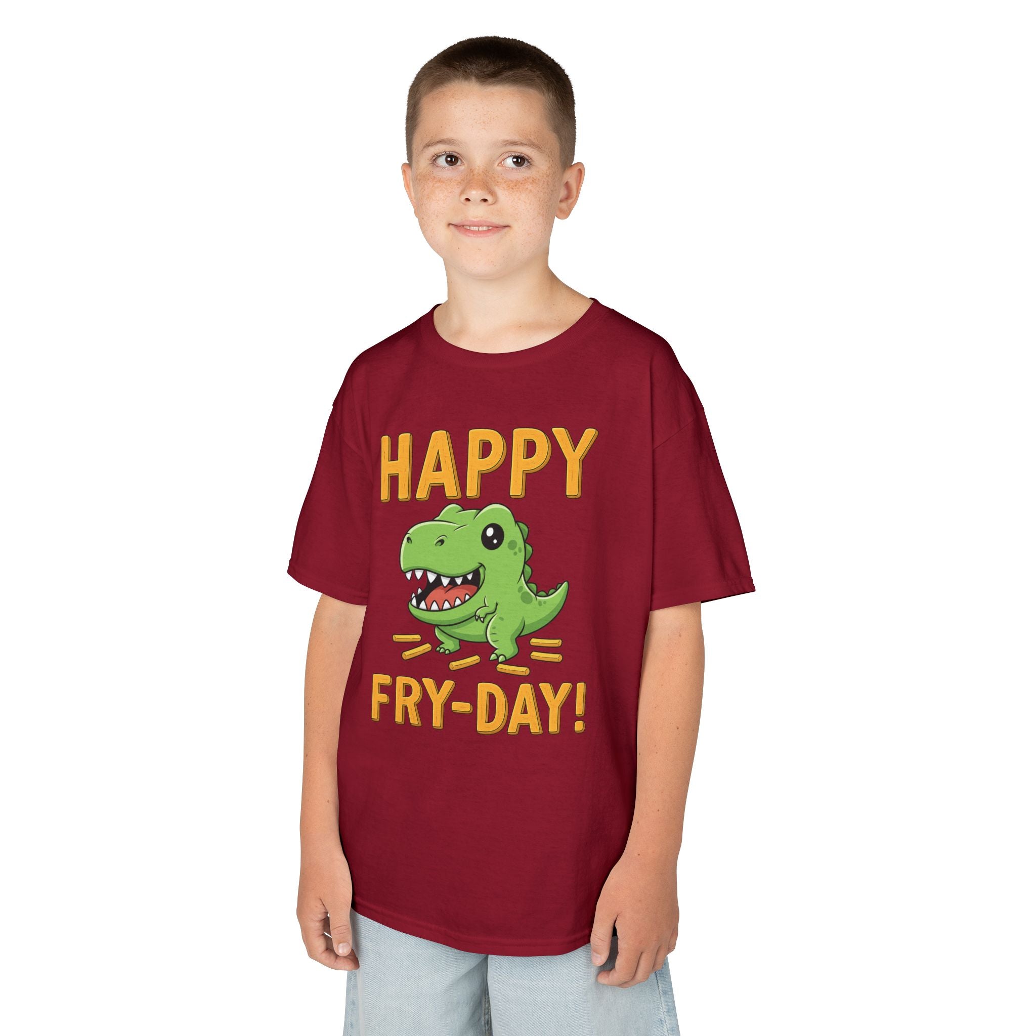 Happy Fry-Day Kids Tee, Fun Dinosaur T-Shirt, Kids Cotton Shirt, Birthday Gift, Everyday Wear, Summer Fun, Playful Tee
