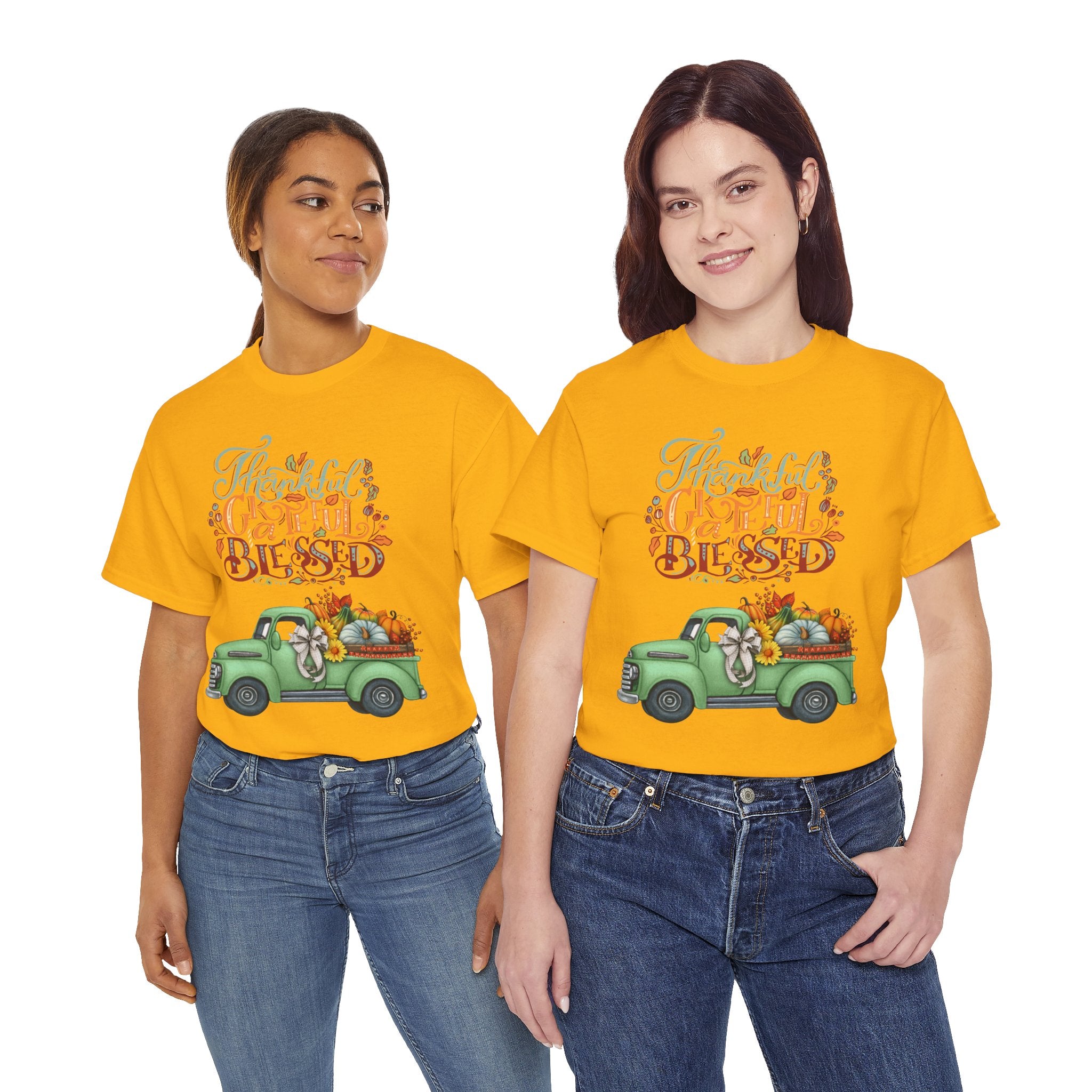 Thankful Grateful Blessed Tee, Unisex Heavy Cotton T-Shirt, Fall Apparel, Thanksgiving Shirt, Casual Wear, Gift for Friends