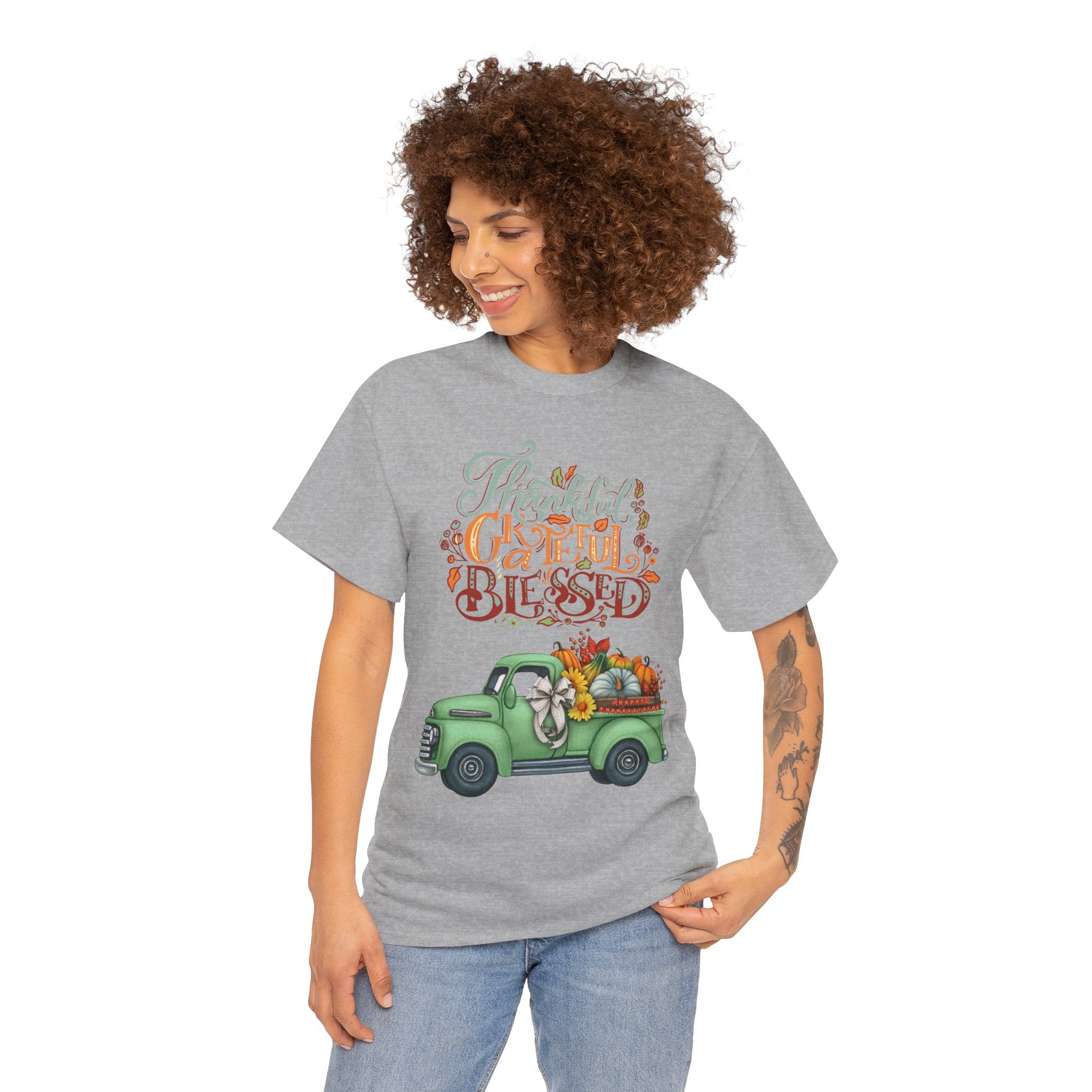 Thankful Grateful Blessed Tee, Unisex Heavy Cotton T-Shirt, Fall Apparel, Thanksgiving Shirt, Casual Wear, Gift for Friends