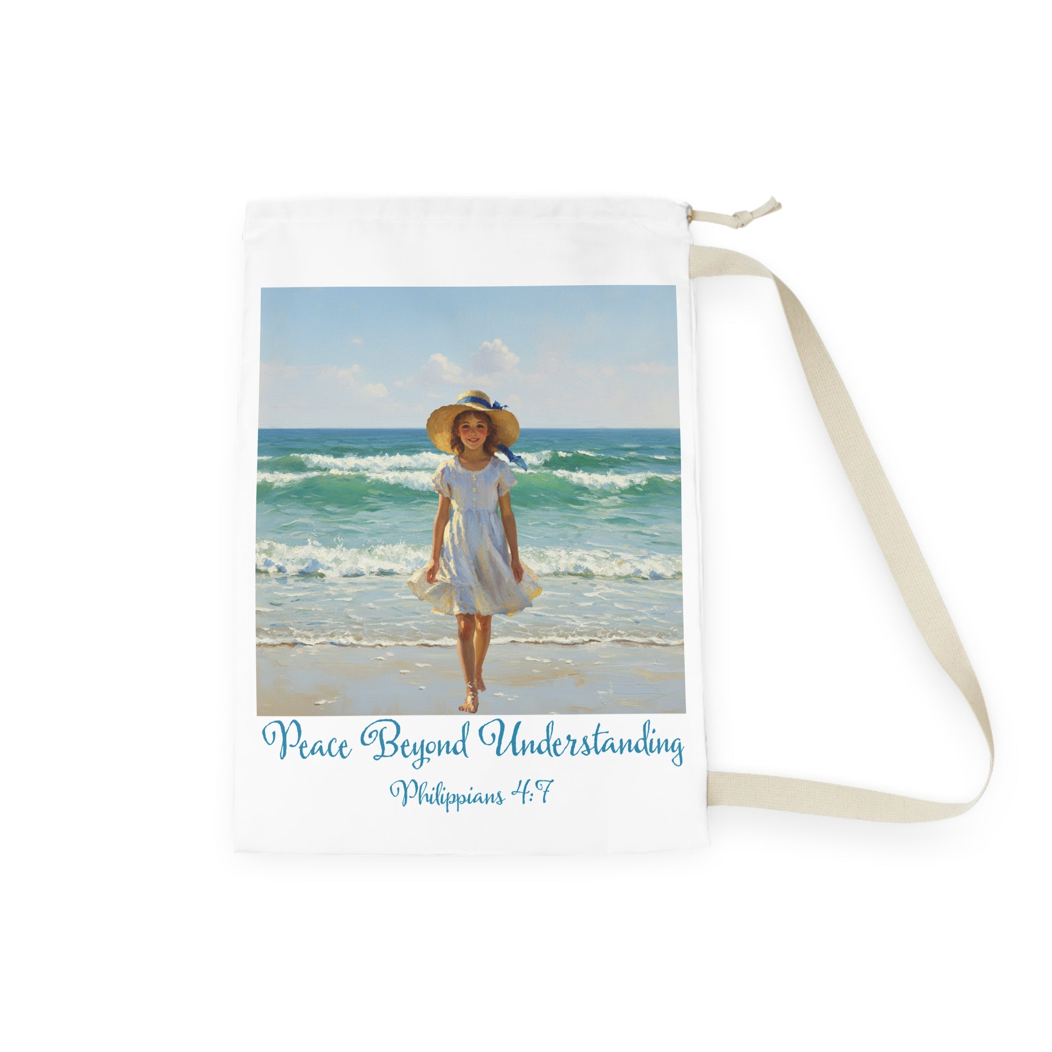 Christians-Philippians 4:7-Peaceful Bible Verse Laundry Bag, Inspirational Storage Bag, Gift for Faith Lovers, Beach Style Accessory, Modern Home OrganizationWith sunlit, painterly details reminiscent of impressionist art, channels tranquil beach vibes