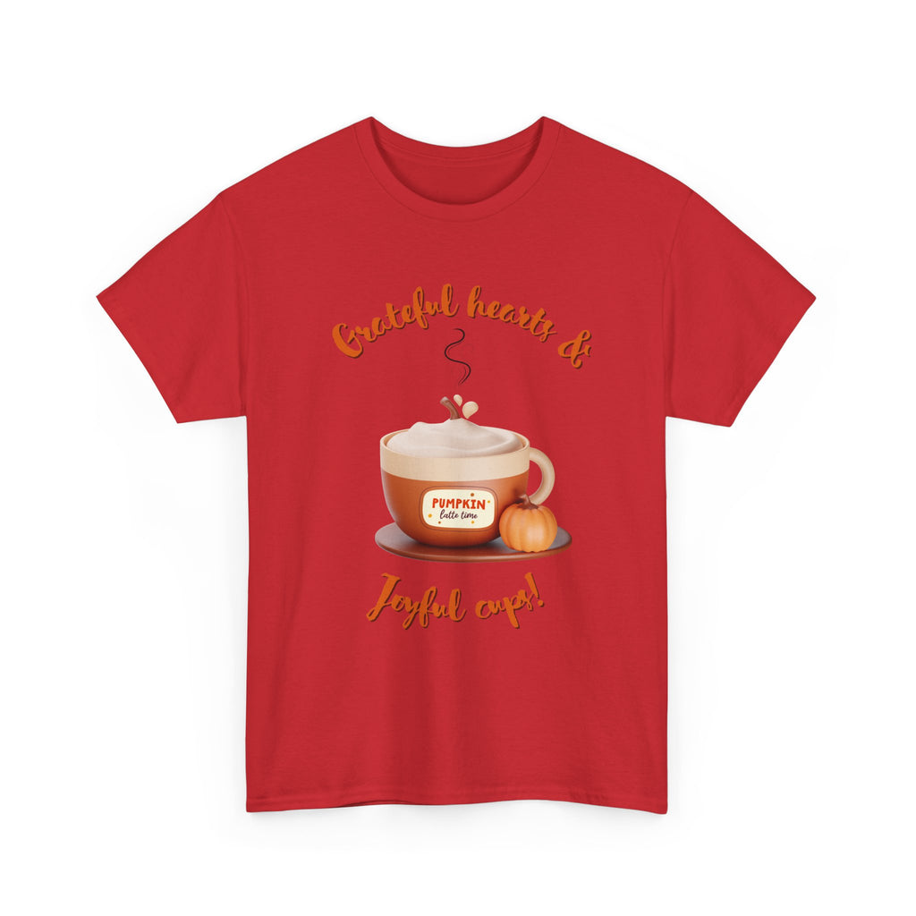 Happy Thanksgiving- Grateful Hearts & Joyful Cups Unisex Tee, Cozy Fall T-Shirt, Thanksgiving Gift, Coffee Lover Apparel, Autumn Fashion