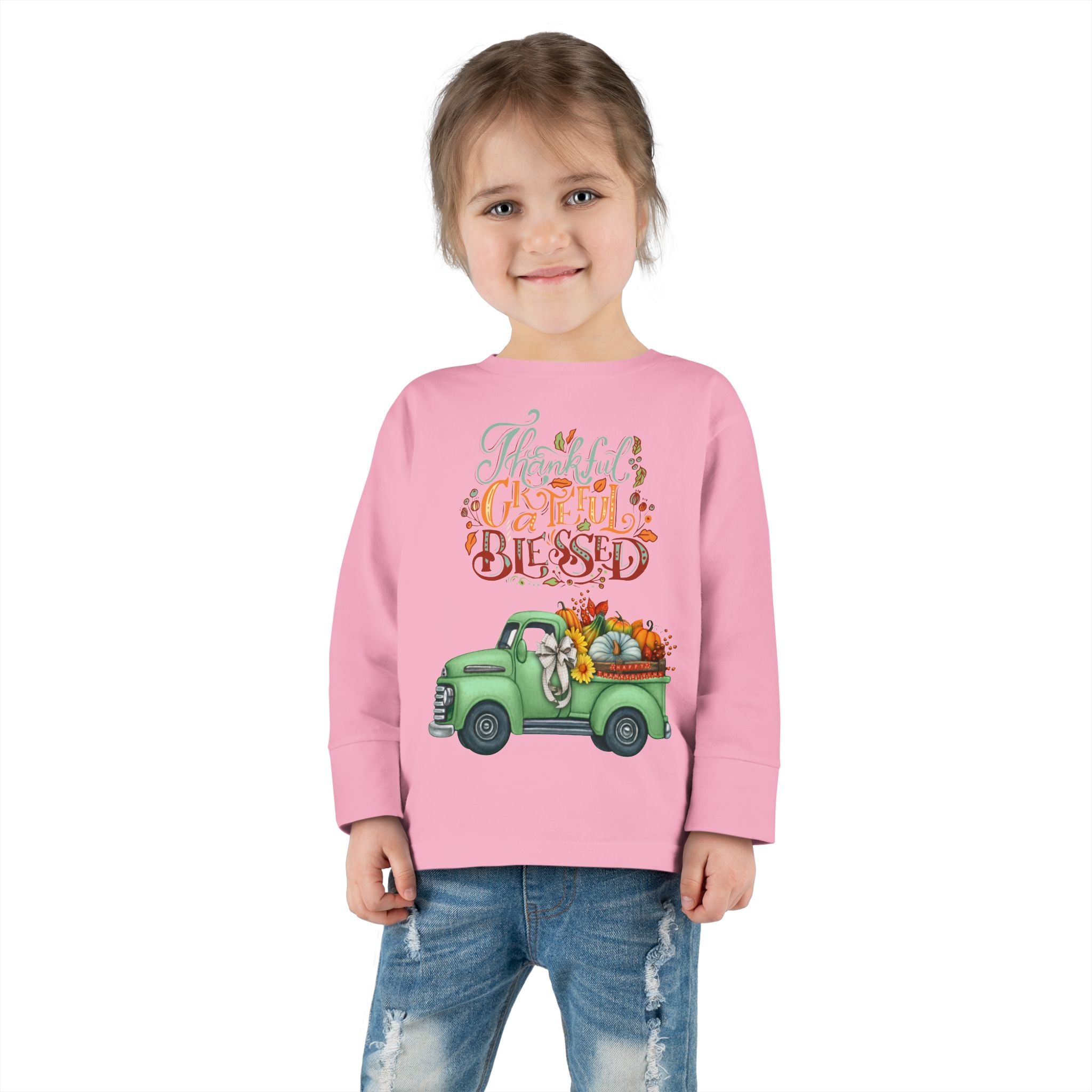 Toddler Long Sleeve Tee - "Grateful & Blessed" Fall Vibes T-Shirt, Kids Autumn Tee, Thanksgiving Outfit, Cute Toddler Gift, Seasonal Shirt