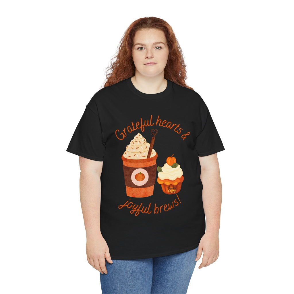 Happy Thanksgiving- Grateful Hearts & Joyful Brews Tee, Unisex Cotton Shirt, Coffee Lovers Gift, Casual Wear, Cute Tee for Celebrations, Fall Fashion