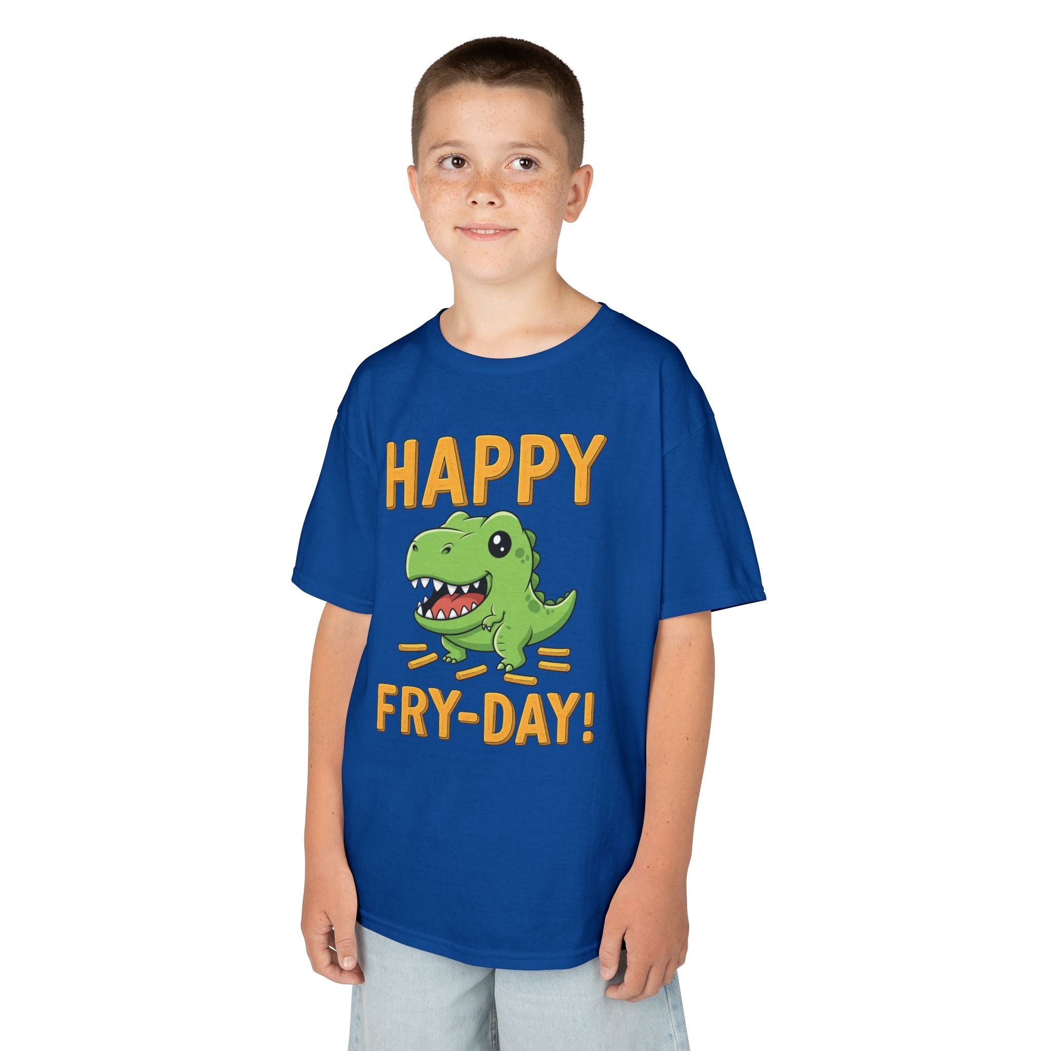 Happy Fry-Day Kids Tee, Fun Dinosaur T-Shirt, Kids Cotton Shirt, Birthday Gift, Everyday Wear, Summer Fun, Playful Tee
