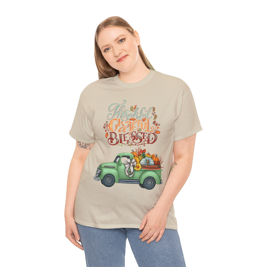 Thankful Grateful Blessed Tee, Unisex Heavy Cotton T-Shirt, Fall Apparel, Thanksgiving Shirt, Casual Wear, Gift for Friends
