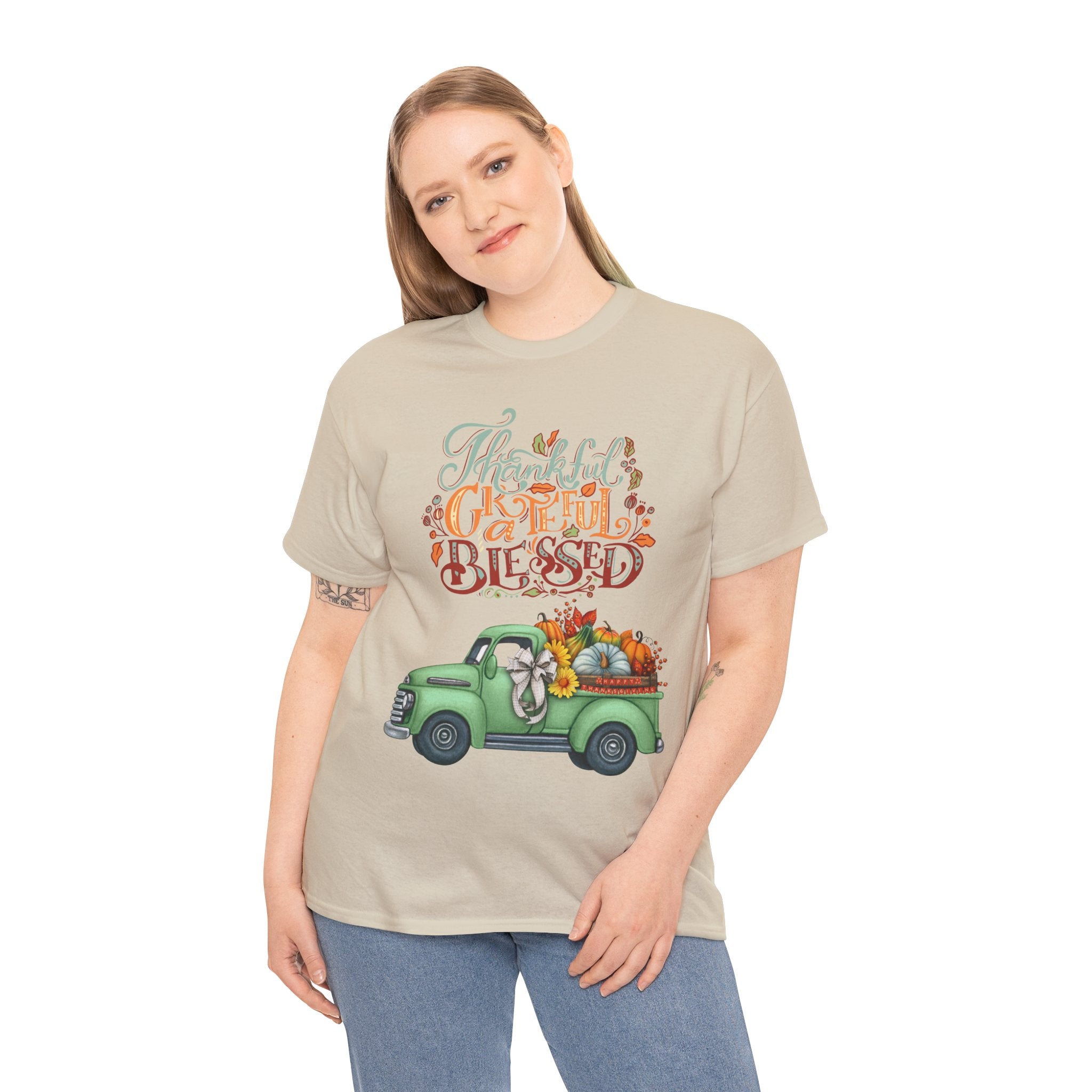 Thankful Grateful Blessed Tee, Unisex Heavy Cotton T-Shirt, Fall Apparel, Thanksgiving Shirt, Casual Wear, Gift for Friends