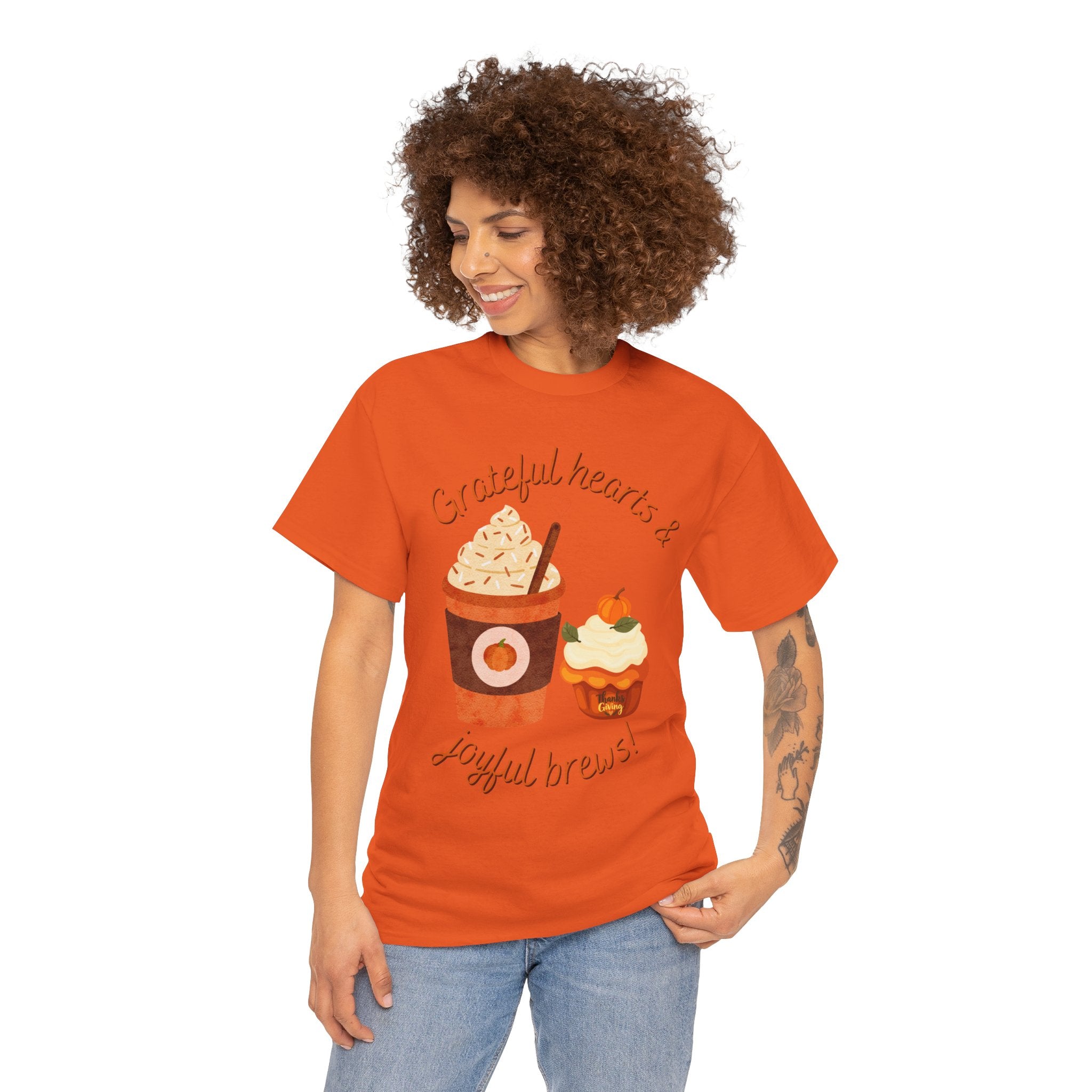 Happy Thanksgiving- Grateful Hearts & Joyful Brews Tee, Unisex Cotton Shirt, Coffee Lovers Gift, Casual Wear, Cute Tee for Celebrations, Fall Fashion