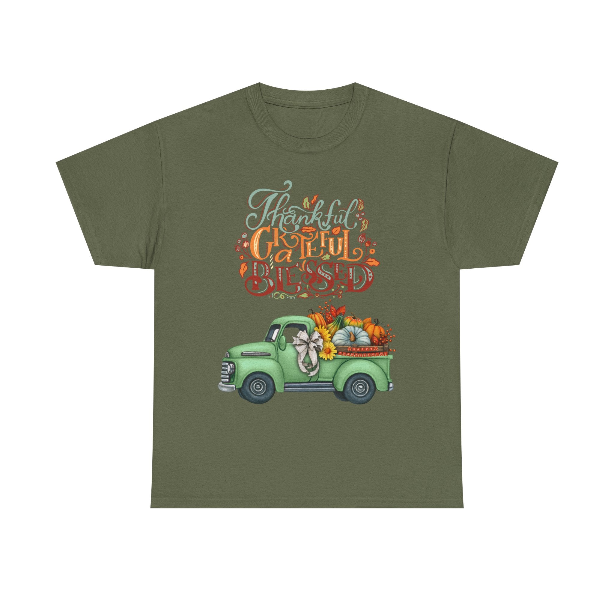 Thankful Grateful Blessed Tee, Unisex Heavy Cotton T-Shirt, Fall Apparel, Thanksgiving Shirt, Casual Wear, Gift for Friends