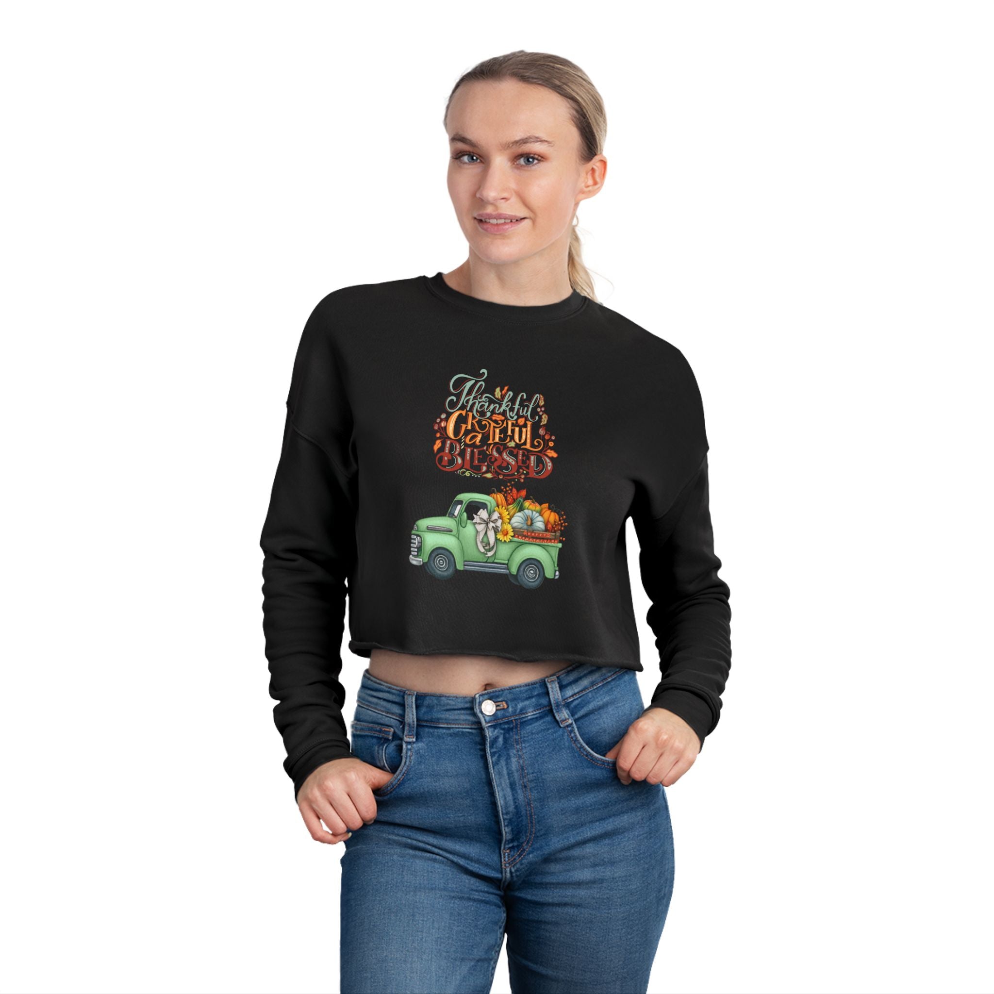Thankful Vibes Cropped Sweatshirt with Pumpkin Truck, Women's Fall Apparel, Cozy Sweatshirt, Holiday Gift, Thanksgiving Outfit (Different design upon request.)