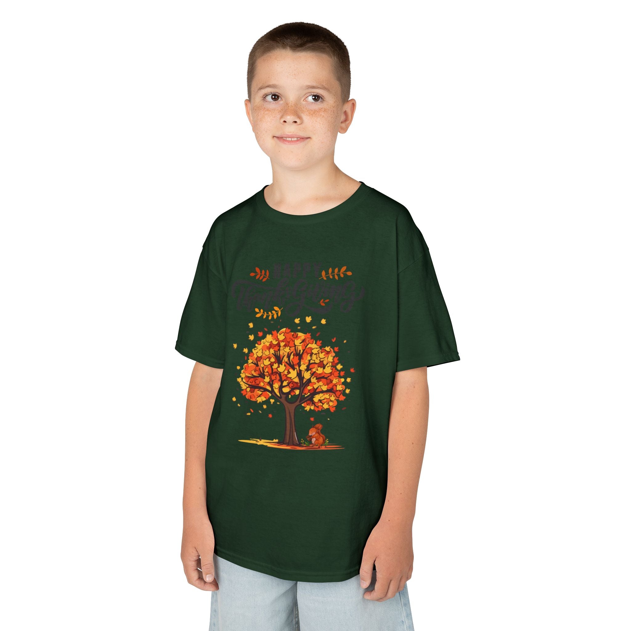 Happy Thanksgiving Kids Tee, Fall T-Shirt, Autumn Apparel, Festive Gift, Holiday Outfit, Tree and Leaves Design