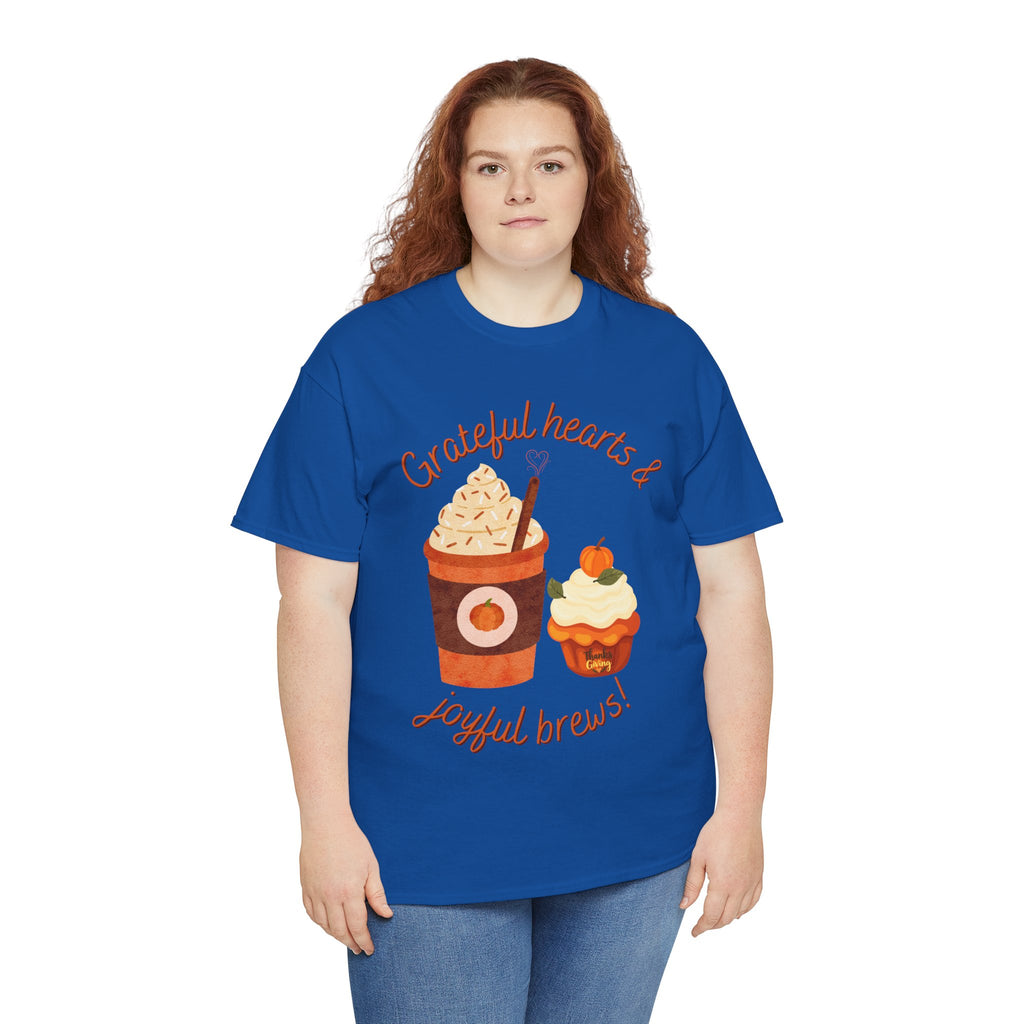 Happy Thanksgiving- Grateful Hearts & Joyful Brews Tee, Unisex Cotton Shirt, Coffee Lovers Gift, Casual Wear, Cute Tee for Celebrations, Fall Fashion