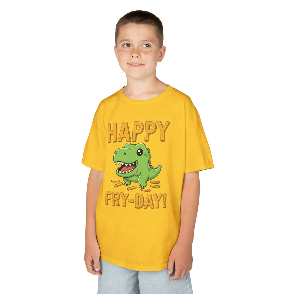 Happy Fry-Day Kids Tee, Fun Dinosaur T-Shirt, Kids Cotton Shirt, Birthday Gift, Everyday Wear, Summer Fun, Playful Tee