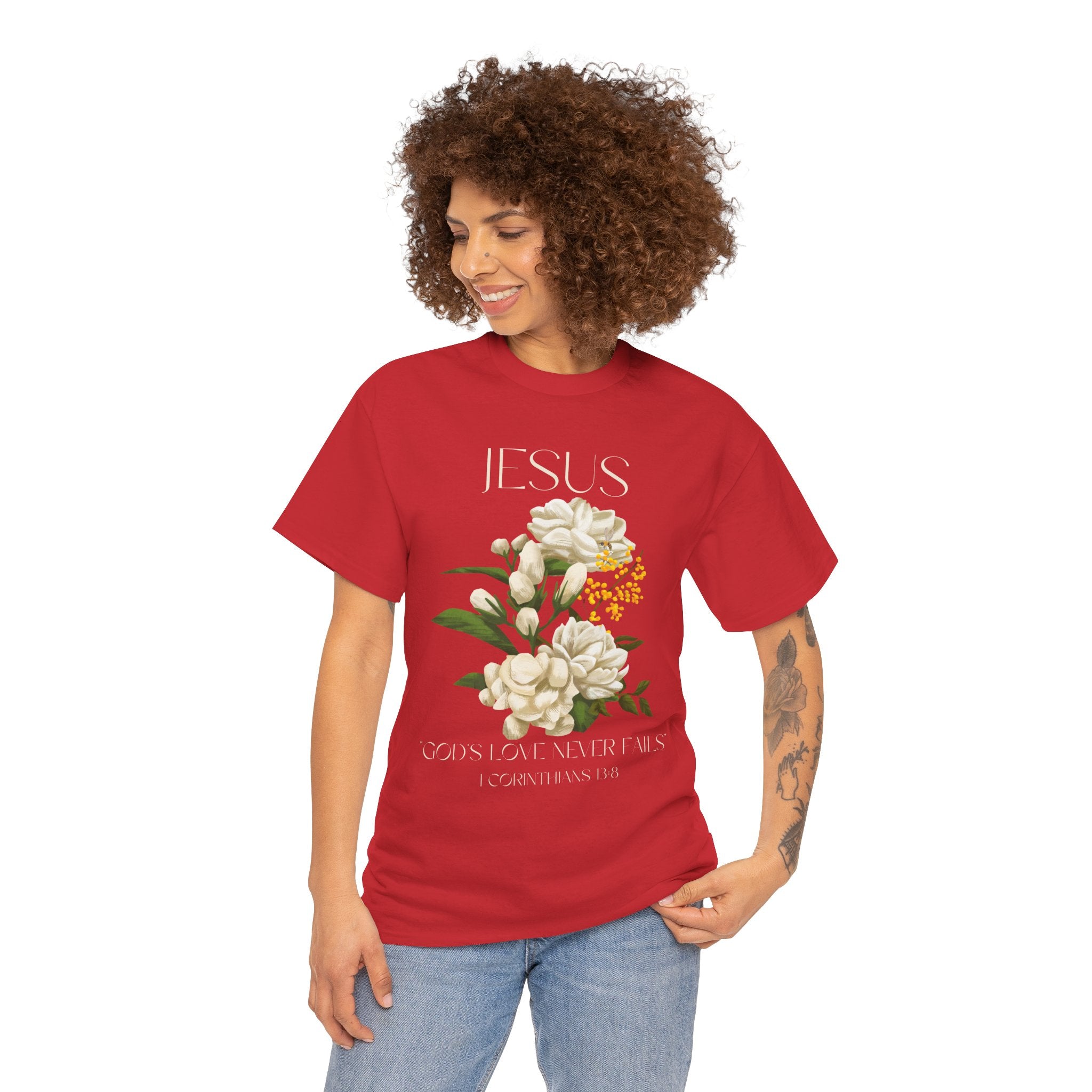 Floral Jesus-God's love never fails- Graphic Tee | Unisex Cotton T-Shirt for Faith & Inspiration, Ideal for Gifts, Casual Wear, Church Events, and Celebrations