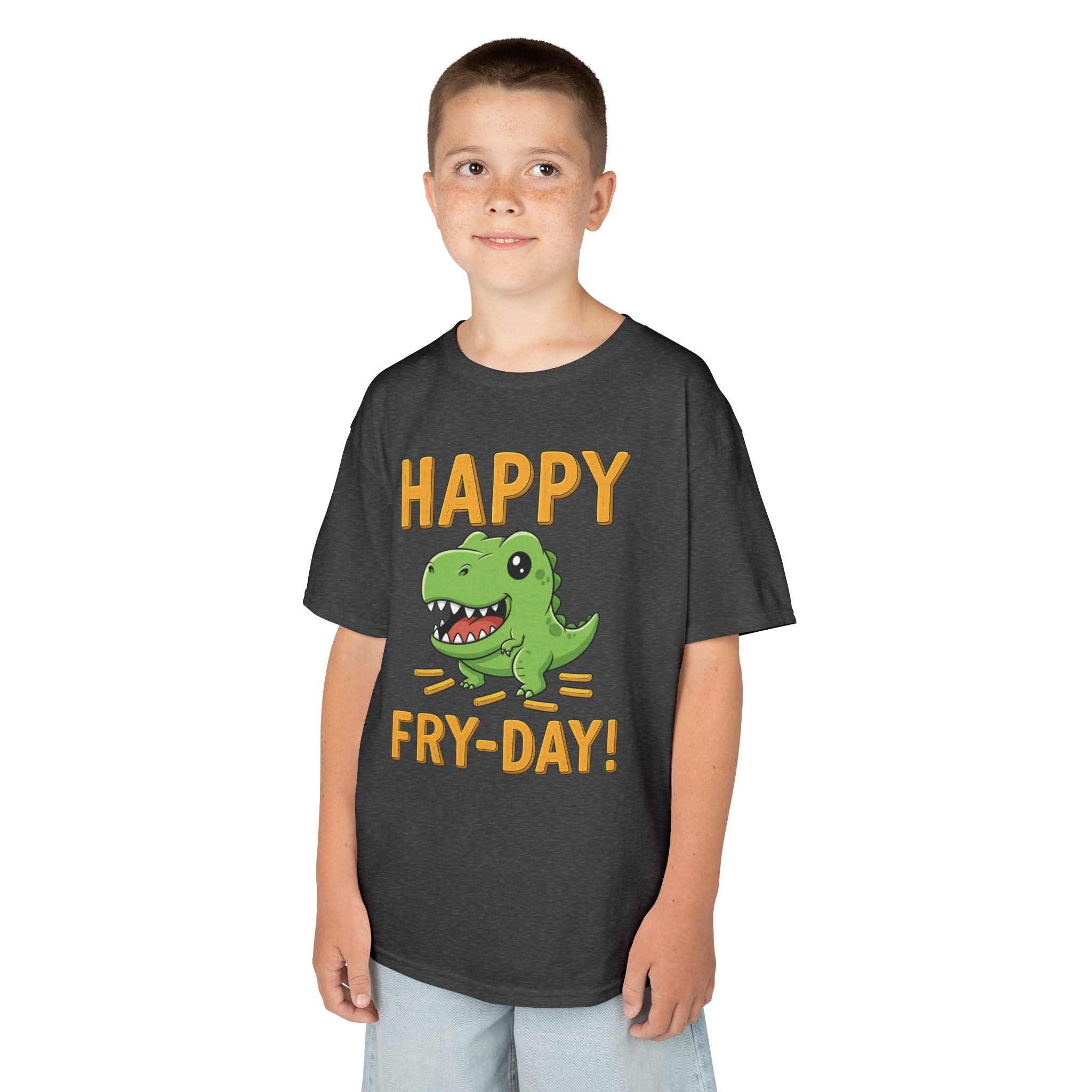Happy Fry-Day Kids Tee, Fun Dinosaur T-Shirt, Kids Cotton Shirt, Birthday Gift, Everyday Wear, Summer Fun, Playful Tee