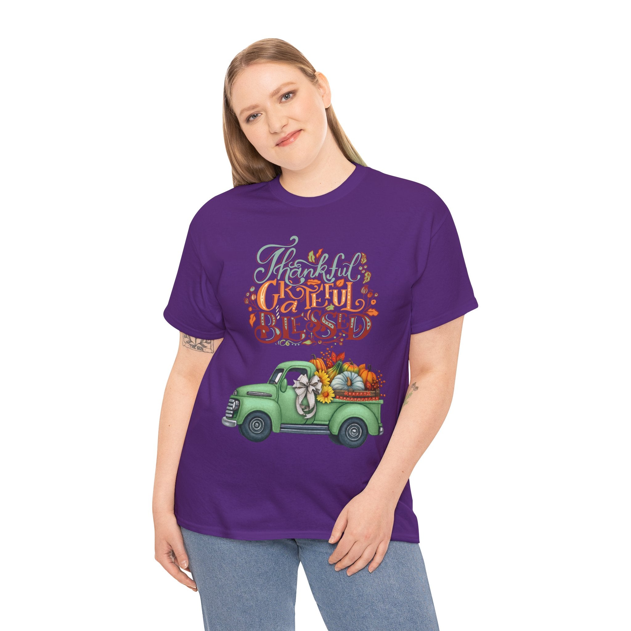 Thankful Grateful Blessed Tee, Unisex Heavy Cotton T-Shirt, Fall Apparel, Thanksgiving Shirt, Casual Wear, Gift for Friends