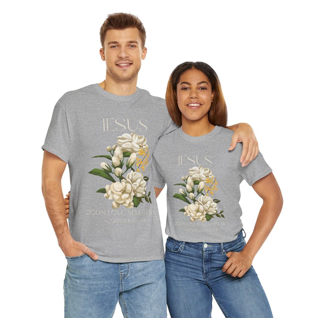 Floral Jesus-God's love never fails- Graphic Tee | Unisex Cotton T-Shirt for Faith & Inspiration, Ideal for Gifts, Casual Wear, Church Events, and Celebrations