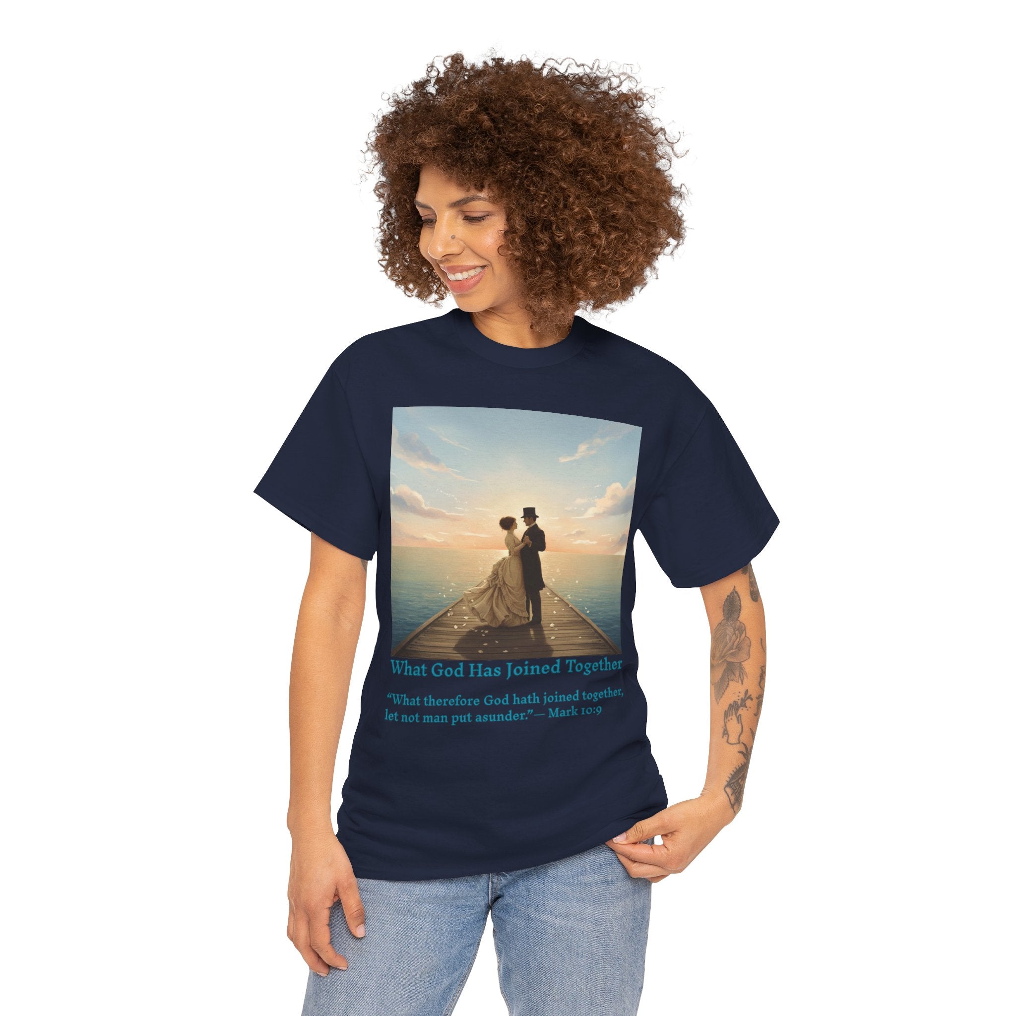 Romantic couple on a pier at sunset — inspired by Jack Vettriano-Wedding Quote T-Shirt, Unisex Heavy Cotton Tee, Casual Wear, Gift for Newlyweds, Bride & Groom Apparel, Anniversary Gift