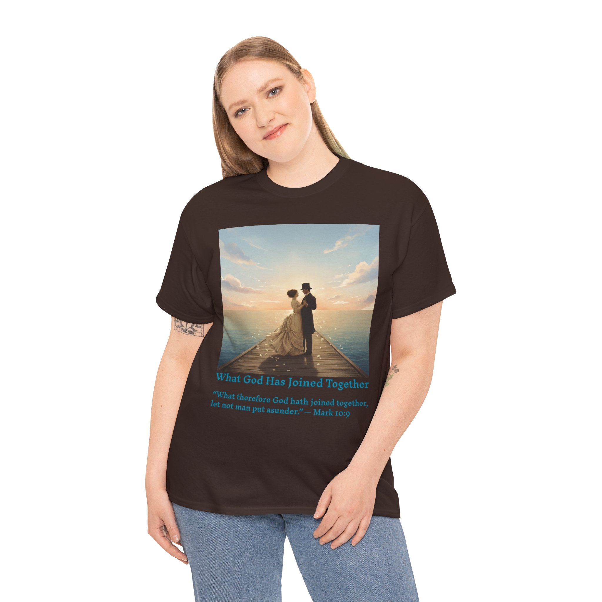 Romantic couple on a pier at sunset — inspired by Jack Vettriano-Wedding Quote T-Shirt, Unisex Heavy Cotton Tee, Casual Wear, Gift for Newlyweds, Bride & Groom Apparel, Anniversary Gift