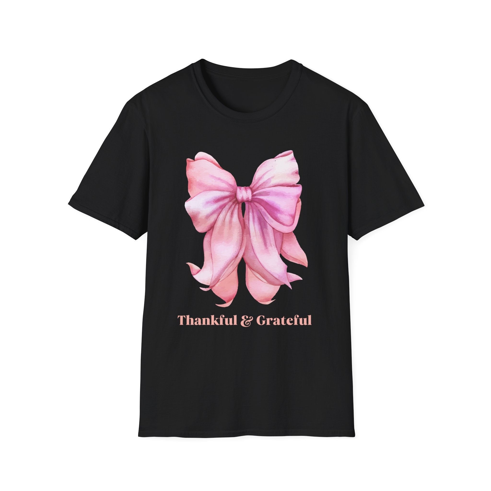 Thankful & Grateful Bow T-Shirt, Unisex Softstyle Tee, Thanksgiving Gift, Fall Apparel, Cute Casual Wear, Gratitude Shirt