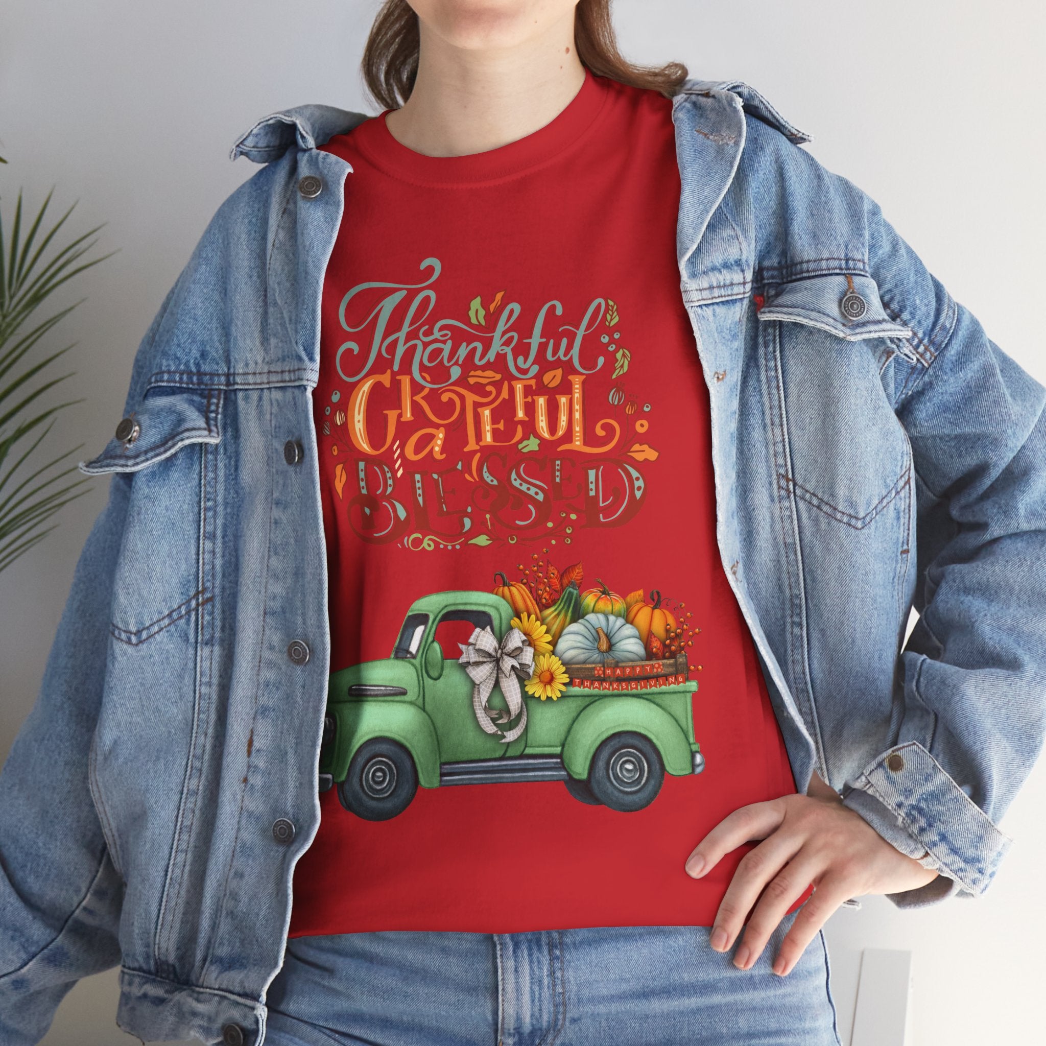 Thankful Grateful Blessed Tee, Unisex Heavy Cotton T-Shirt, Fall Apparel, Thanksgiving Shirt, Casual Wear, Gift for Friends