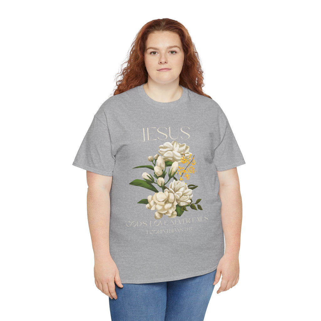 Floral Jesus-God's love never fails- Graphic Tee | Unisex Cotton T-Shirt for Faith & Inspiration, Ideal for Gifts, Casual Wear, Church Events, and Celebrations