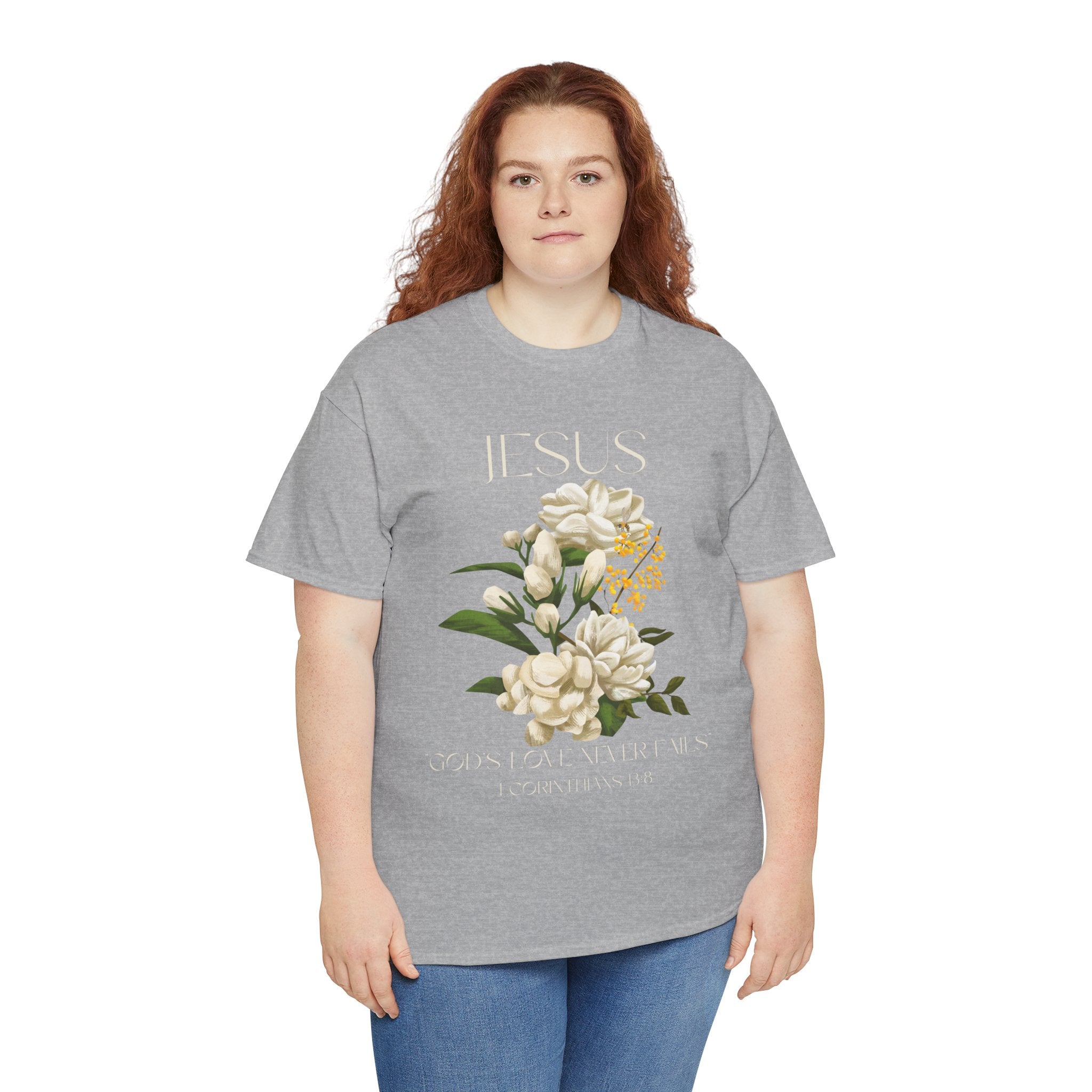 Floral Jesus-God's love never fails- Graphic Tee | Unisex Cotton T-Shirt for Faith & Inspiration, Ideal for Gifts, Casual Wear, Church Events, and Celebrations