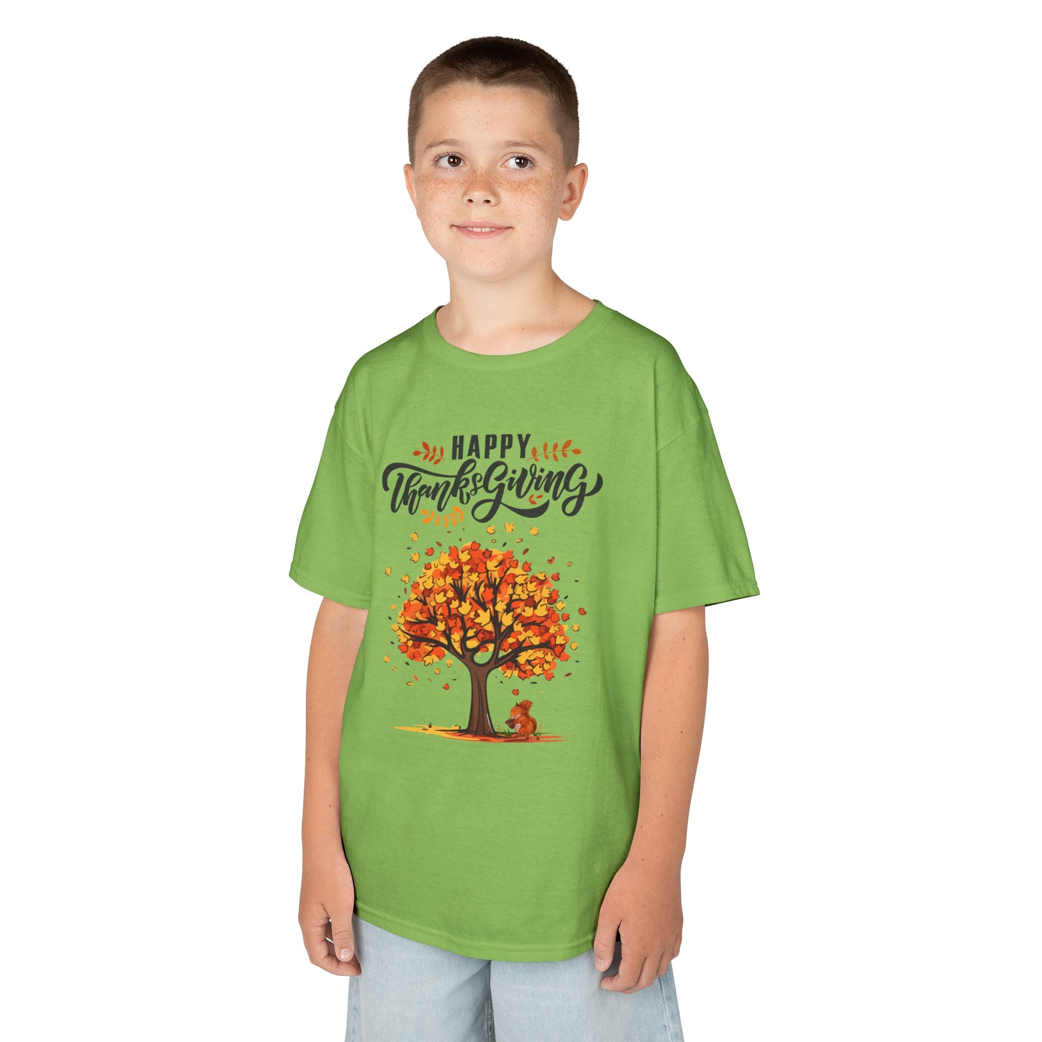 Happy Thanksgiving Kids Tee, Fall T-Shirt, Autumn Apparel, Festive Gift, Holiday Outfit, Tree and Leaves Design