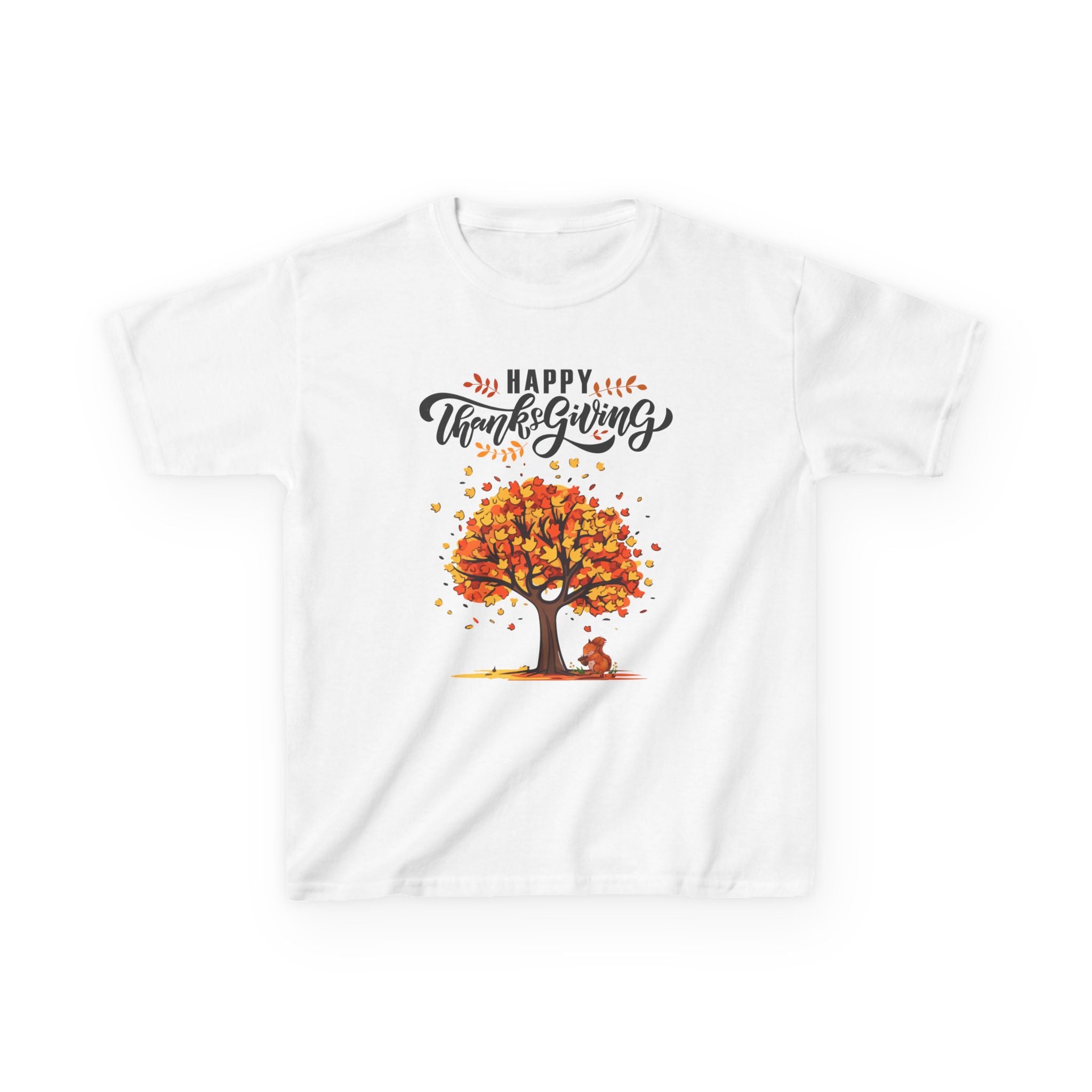Happy Thanksgiving Kids Tee, Fall T-Shirt, Autumn Apparel, Festive Gift, Holiday Outfit, Tree and Leaves Design
