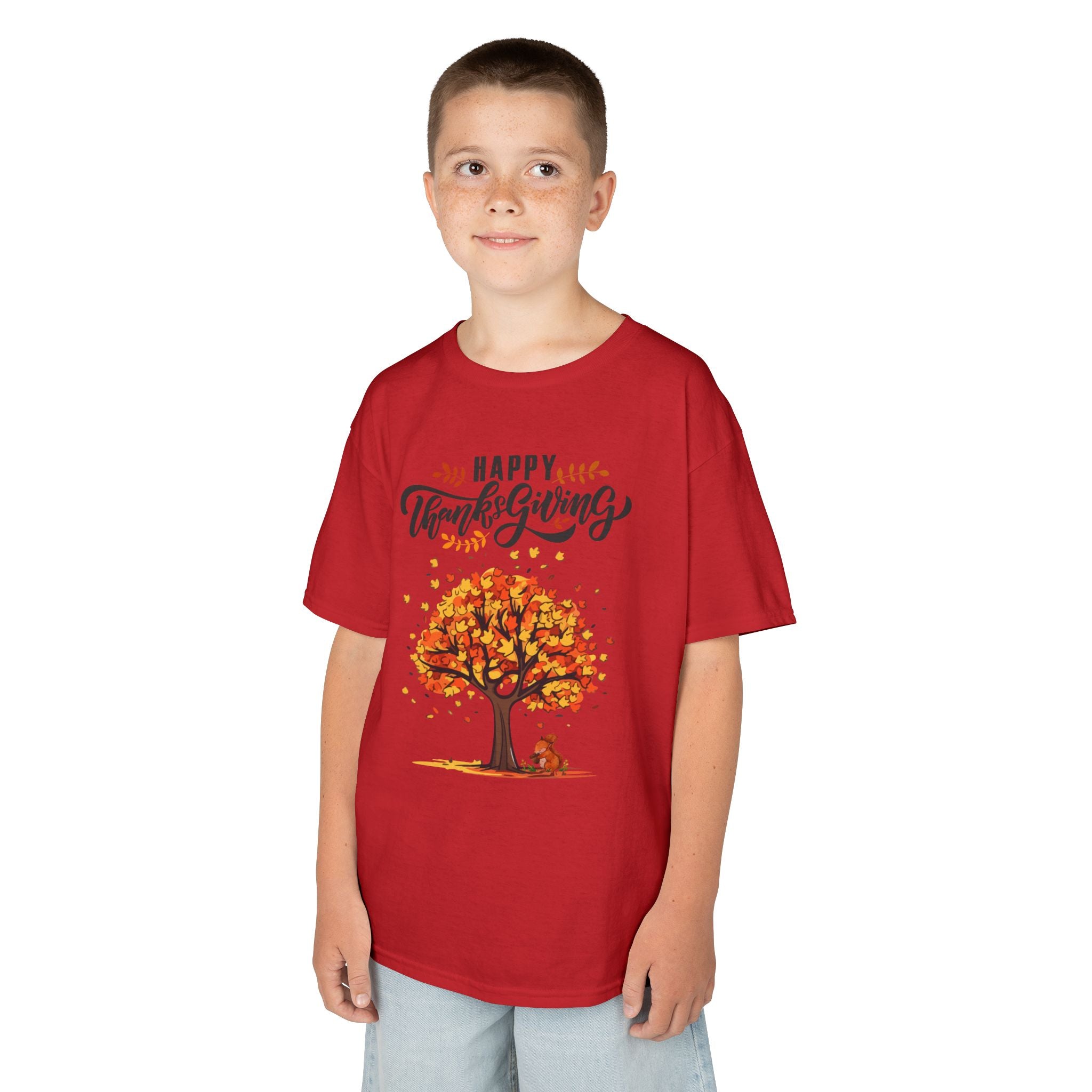 Happy Thanksgiving Kids Tee, Fall T-Shirt, Autumn Apparel, Festive Gift, Holiday Outfit, Tree and Leaves Design