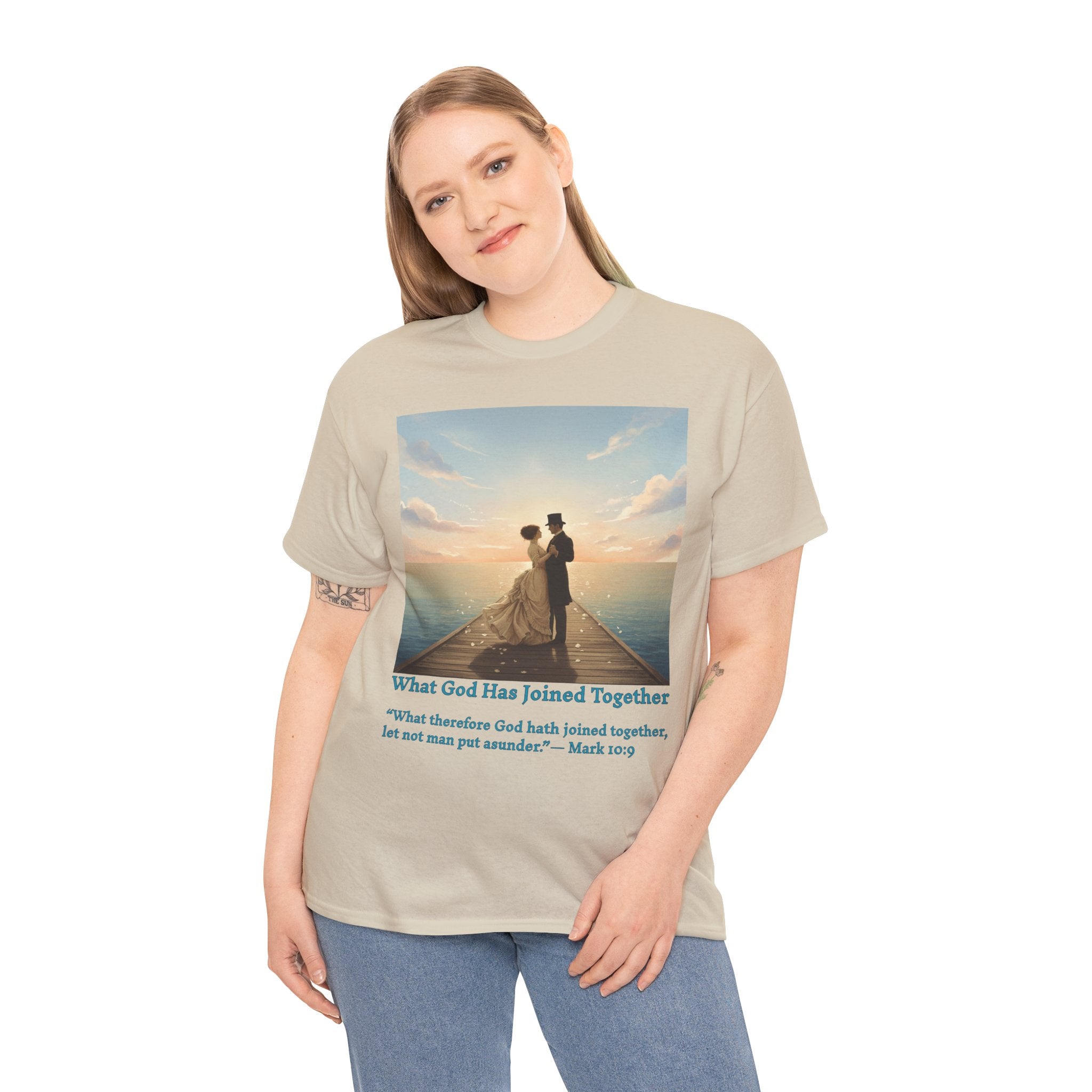 Romantic couple on a pier at sunset — inspired by Jack Vettriano-Wedding Quote T-Shirt, Unisex Heavy Cotton Tee, Casual Wear, Gift for Newlyweds, Bride & Groom Apparel, Anniversary Gift