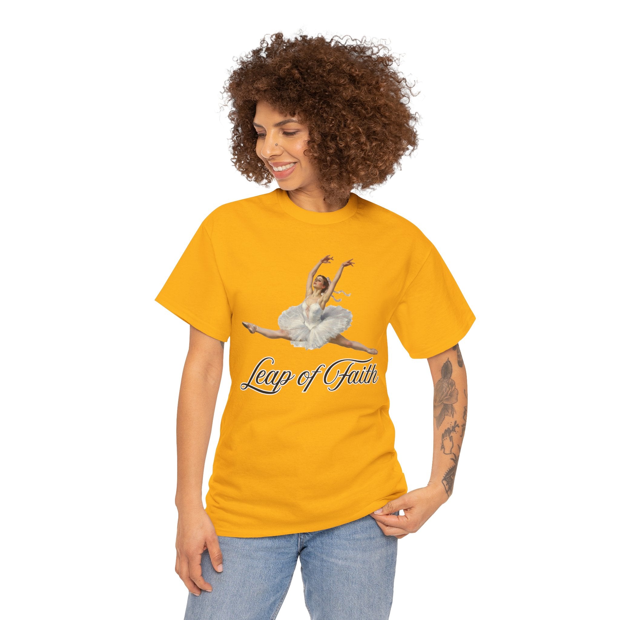 Ballet Inspired Tee - Leap of Faith, Dance Gift, Unisex Cotton Shirt, Inspirational Apparel, Performance Wear, Gift for Dancers-Ballerina in a split leap, inspired by the impressionistic ballet studies of Edgar Degas.