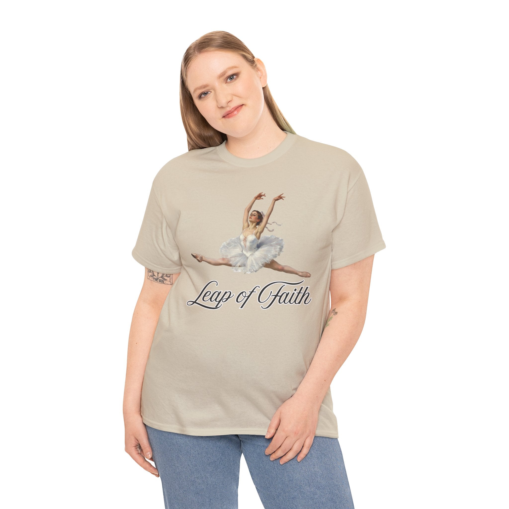 Ballet Inspired Tee - Leap of Faith, Dance Gift, Unisex Cotton Shirt, Inspirational Apparel, Performance Wear, Gift for Dancers-Ballerina in a split leap, inspired by the impressionistic ballet studies of Edgar Degas.