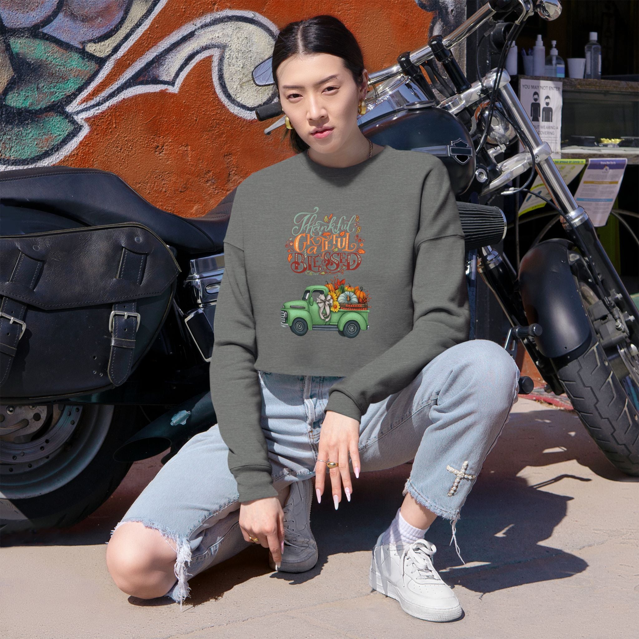 Thankful Vibes Cropped Sweatshirt with Pumpkin Truck, Women's Fall Apparel, Cozy Sweatshirt, Holiday Gift, Thanksgiving Outfit (Different design upon request.)
