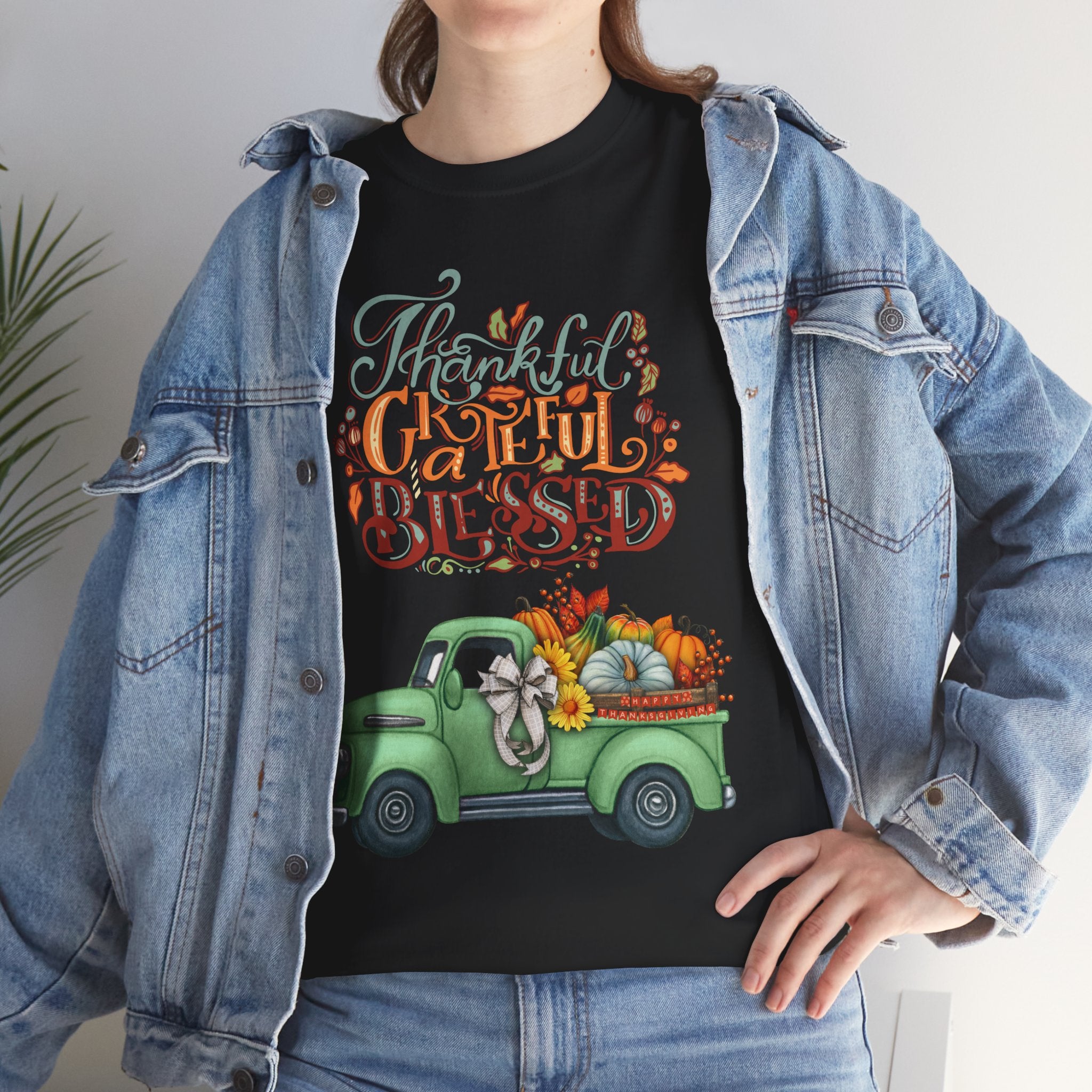 Thankful Grateful Blessed Tee, Unisex Heavy Cotton T-Shirt, Fall Apparel, Thanksgiving Shirt, Casual Wear, Gift for Friends