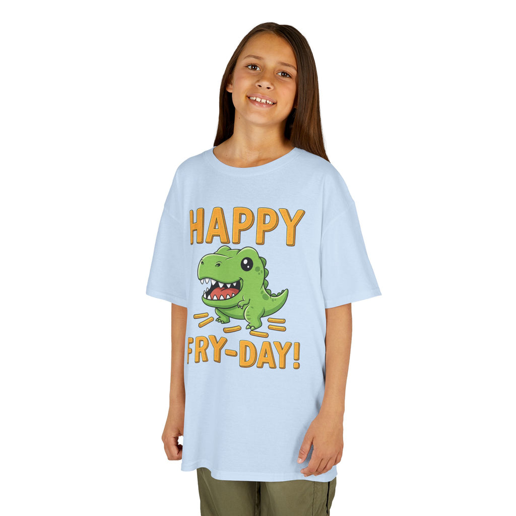 Happy Fry-Day Kids Tee, Fun Dinosaur T-Shirt, Kids Cotton Shirt, Birthday Gift, Everyday Wear, Summer Fun, Playful Tee