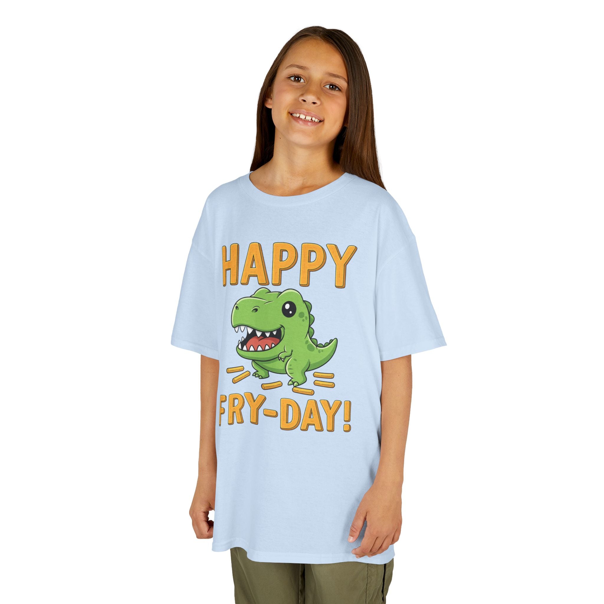 Happy Fry-Day Kids Tee, Fun Dinosaur T-Shirt, Kids Cotton Shirt, Birthday Gift, Everyday Wear, Summer Fun, Playful Tee
