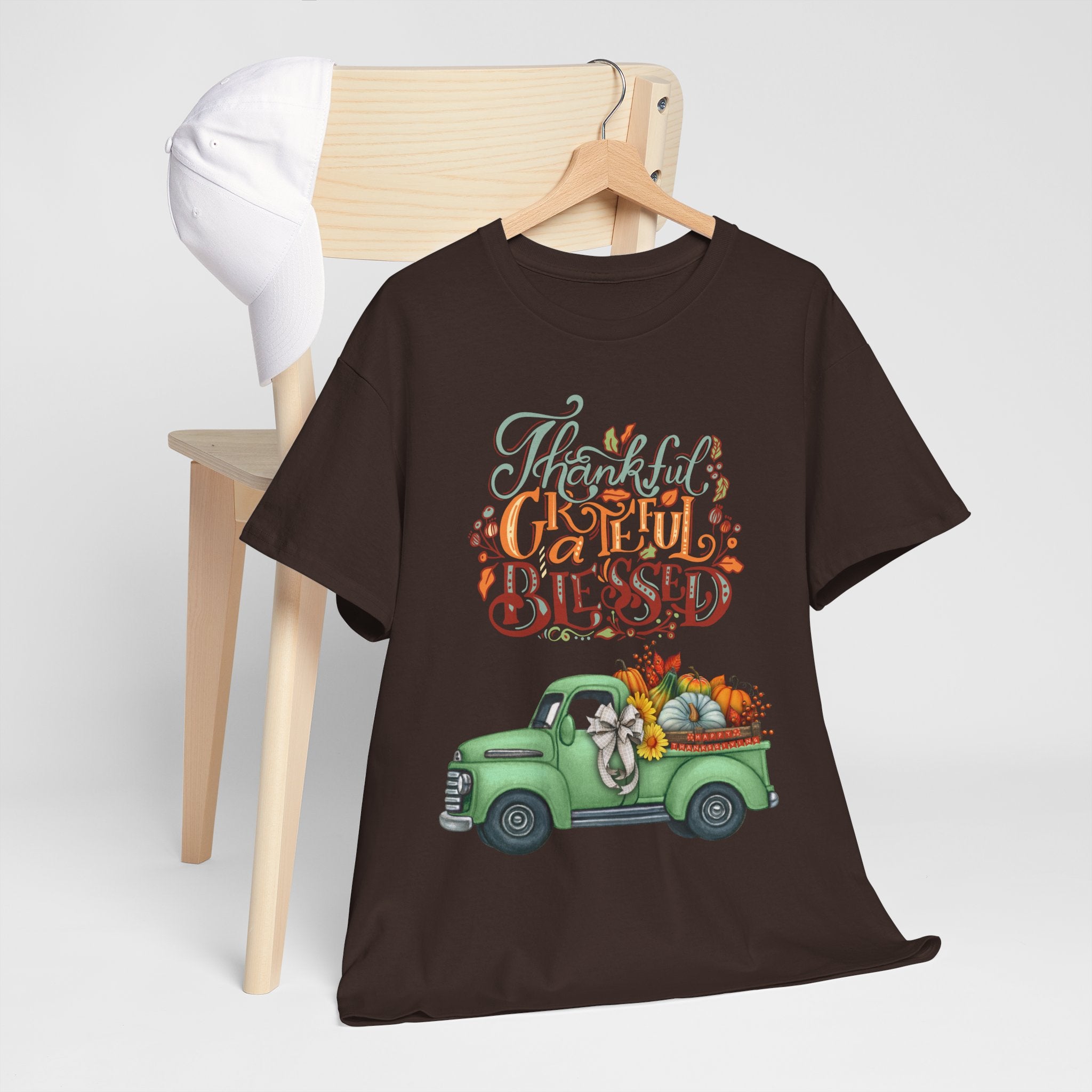 Thankful Grateful Blessed Tee, Unisex Heavy Cotton T-Shirt, Fall Apparel, Thanksgiving Shirt, Casual Wear, Gift for Friends