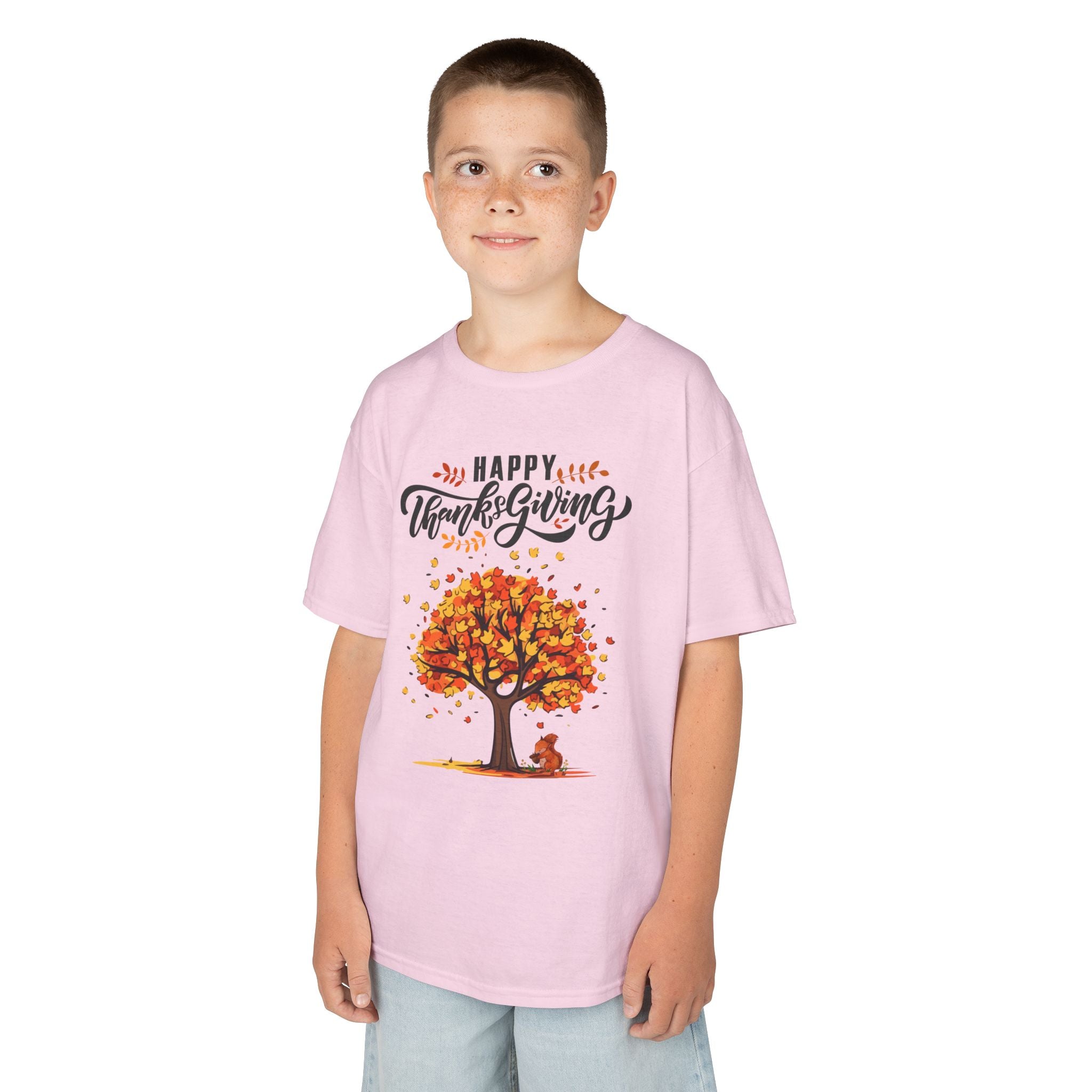 Happy Thanksgiving Kids Tee, Fall T-Shirt, Autumn Apparel, Festive Gift, Holiday Outfit, Tree and Leaves Design