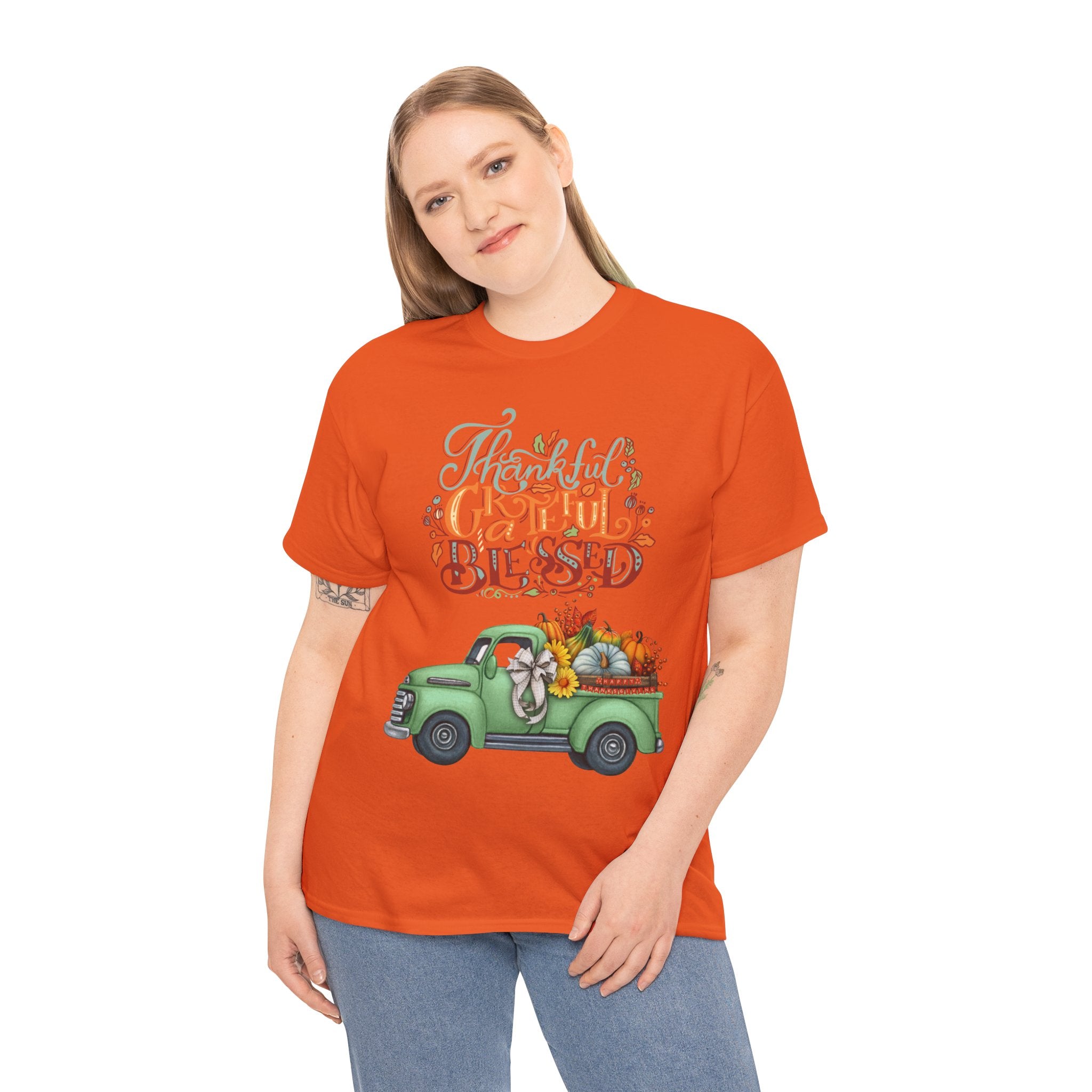 Thankful Grateful Blessed Tee, Unisex Heavy Cotton T-Shirt, Fall Apparel, Thanksgiving Shirt, Casual Wear, Gift for Friends