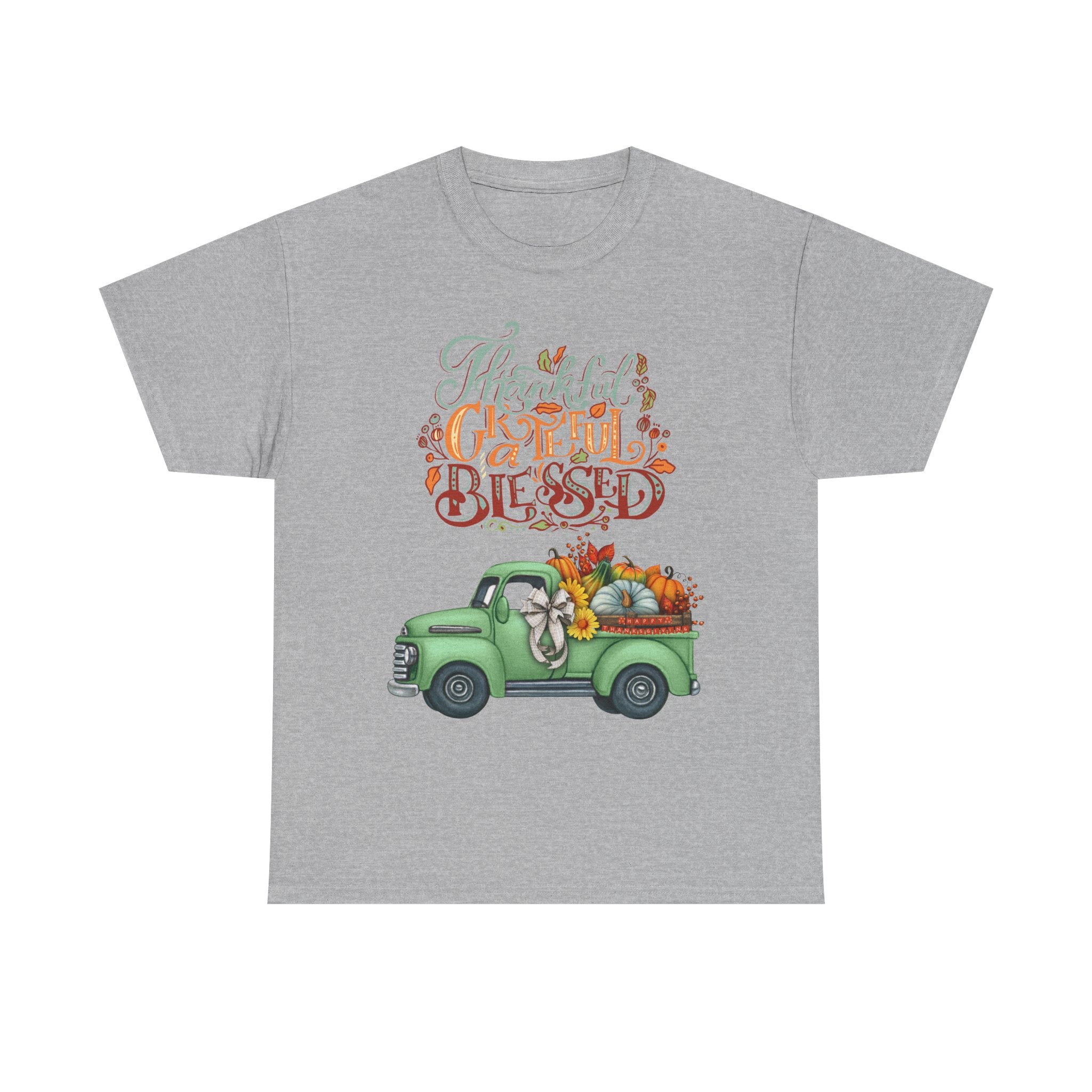 Thankful Grateful Blessed Tee, Unisex Heavy Cotton T-Shirt, Fall Apparel, Thanksgiving Shirt, Casual Wear, Gift for Friends