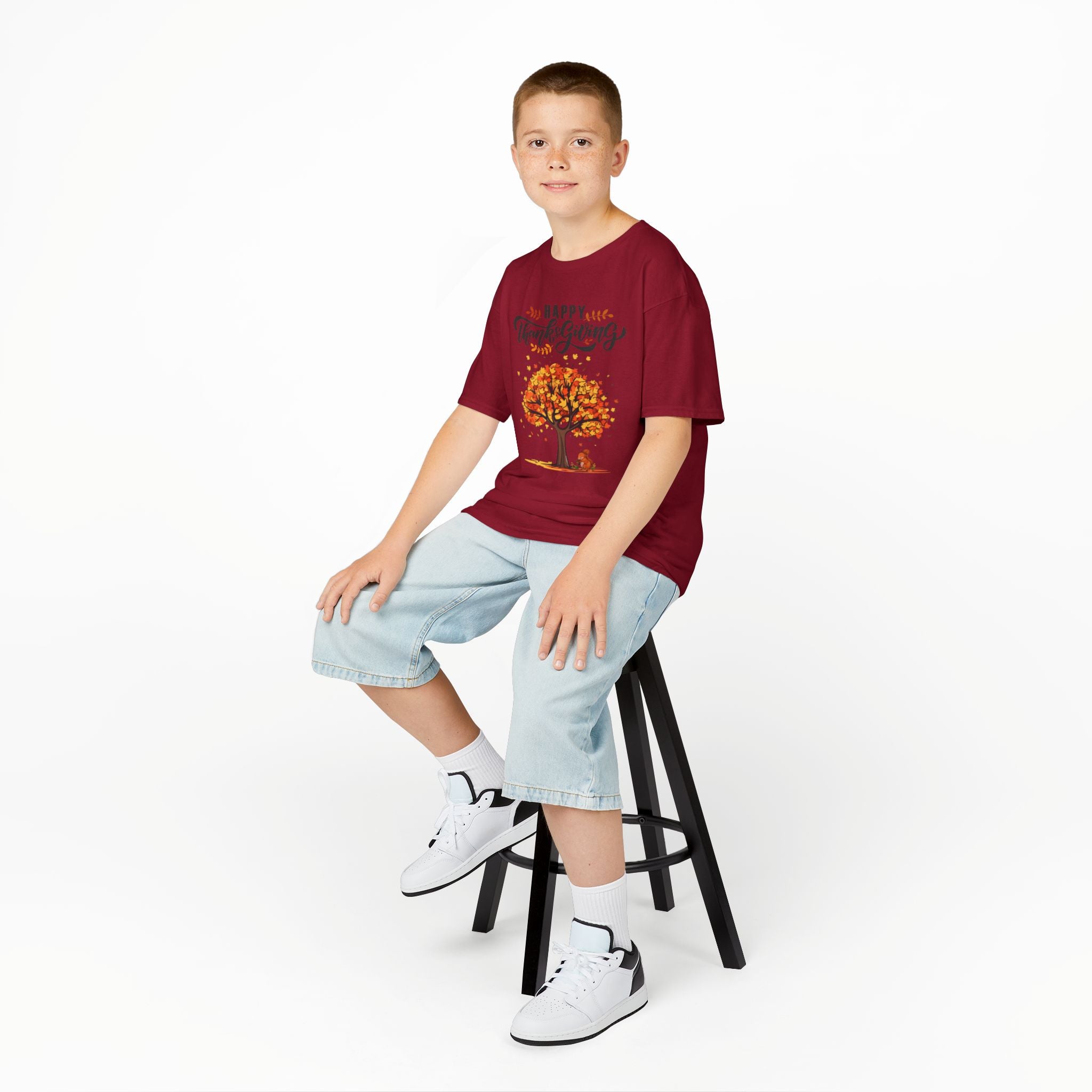 Happy Thanksgiving Kids Tee, Fall T-Shirt, Autumn Apparel, Festive Gift, Holiday Outfit, Tree and Leaves Design