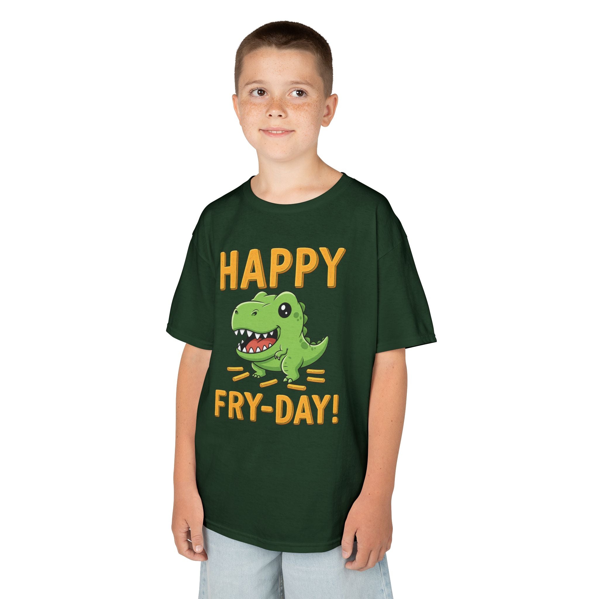 Happy Fry-Day Kids Tee, Fun Dinosaur T-Shirt, Kids Cotton Shirt, Birthday Gift, Everyday Wear, Summer Fun, Playful Tee