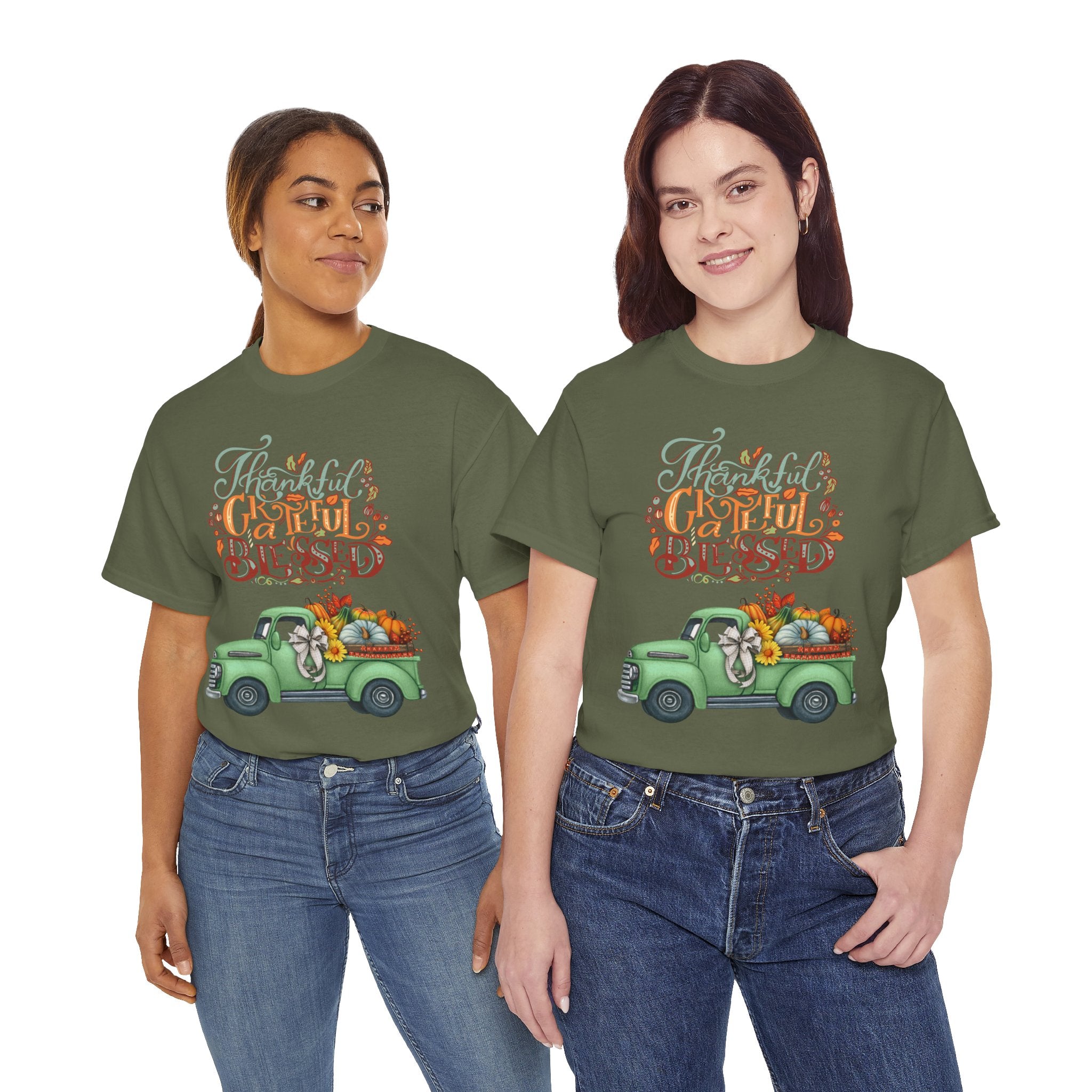Thankful Grateful Blessed Tee, Unisex Heavy Cotton T-Shirt, Fall Apparel, Thanksgiving Shirt, Casual Wear, Gift for Friends