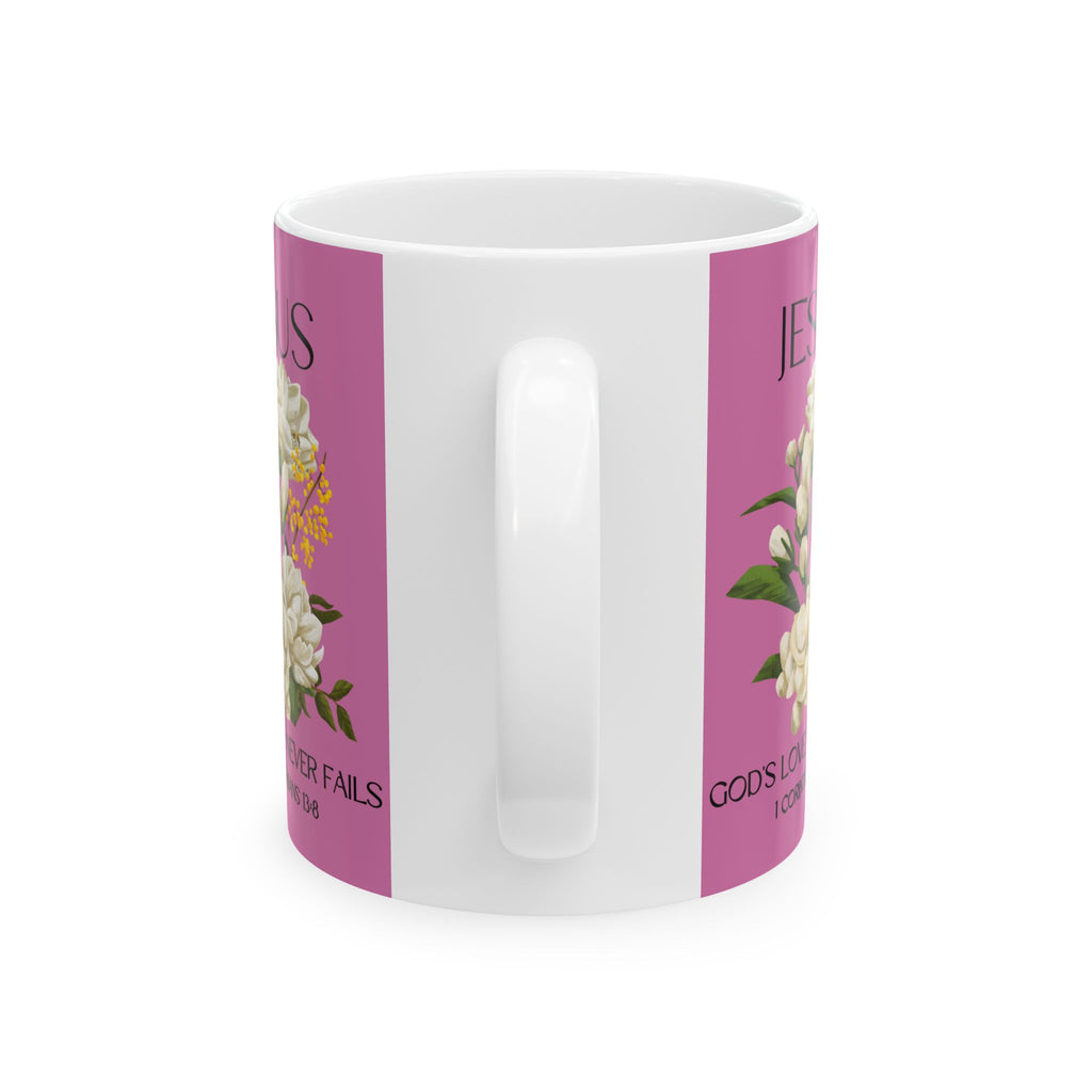 Jesus Inspirational Ceramic Mug 11 oz - God's Love Never Fails - Perfect for Every Occasion, Coffee Lovers Gift, Christian Encouragement, Floral