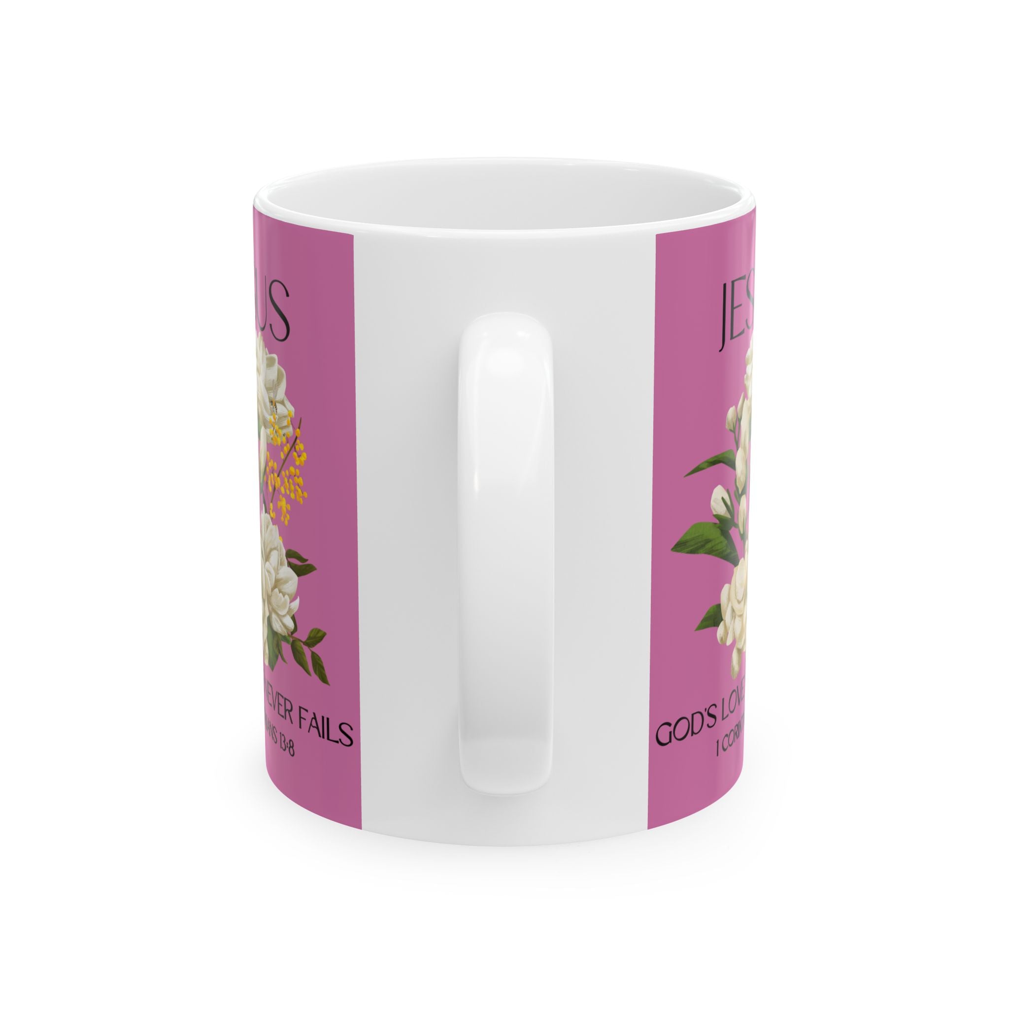 Jesus Inspirational Ceramic Mug 11 oz - God's Love Never Fails - Perfect for Every Occasion, Coffee Lovers Gift, Christian Encouragement, Floral