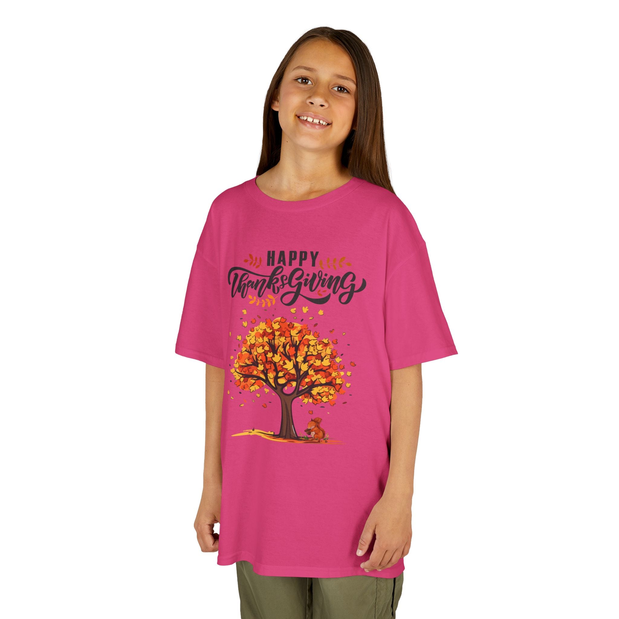 Happy Thanksgiving Kids Tee, Fall T-Shirt, Autumn Apparel, Festive Gift, Holiday Outfit, Tree and Leaves Design