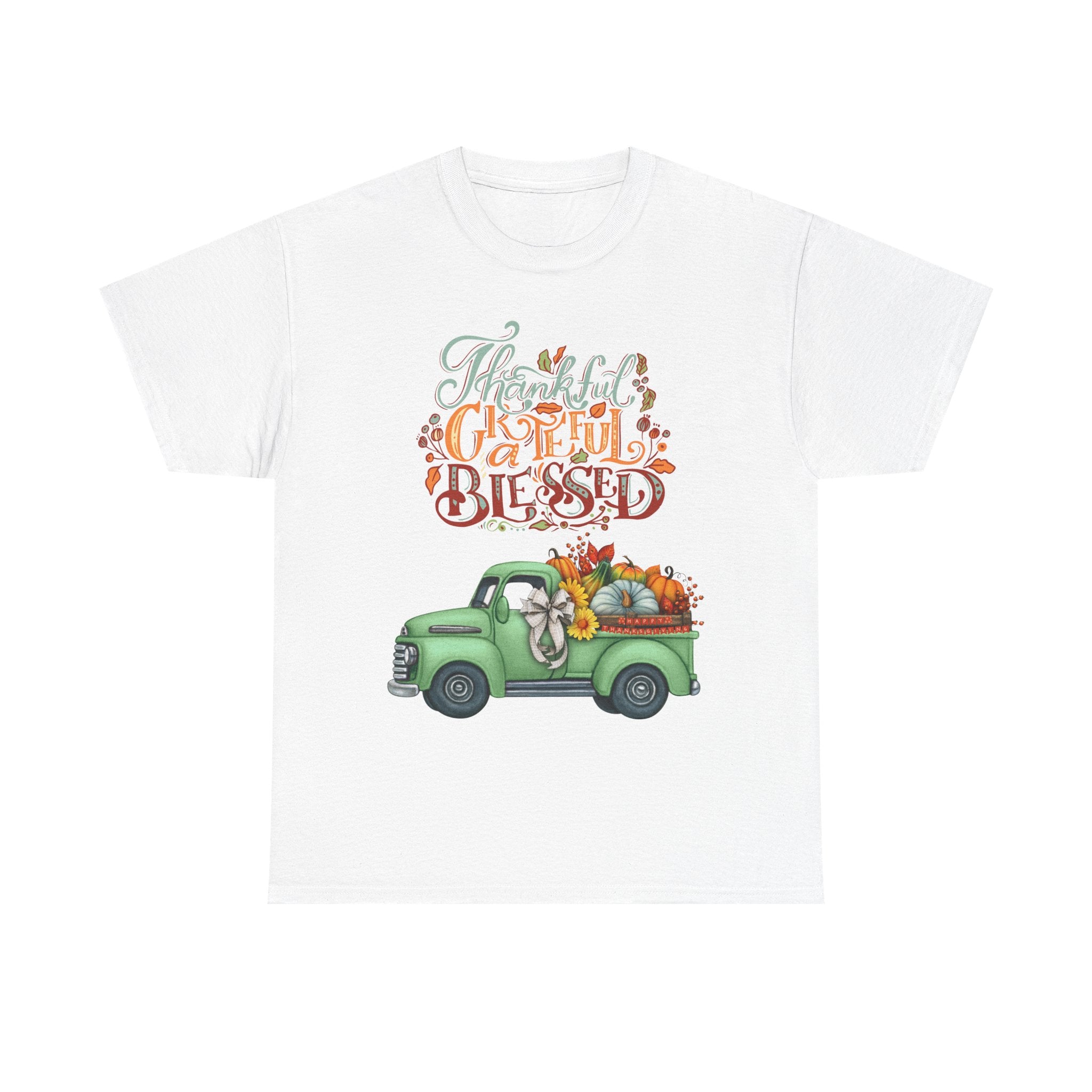 Thankful Grateful Blessed Tee, Unisex Heavy Cotton T-Shirt, Fall Apparel, Thanksgiving Shirt, Casual Wear, Gift for Friends